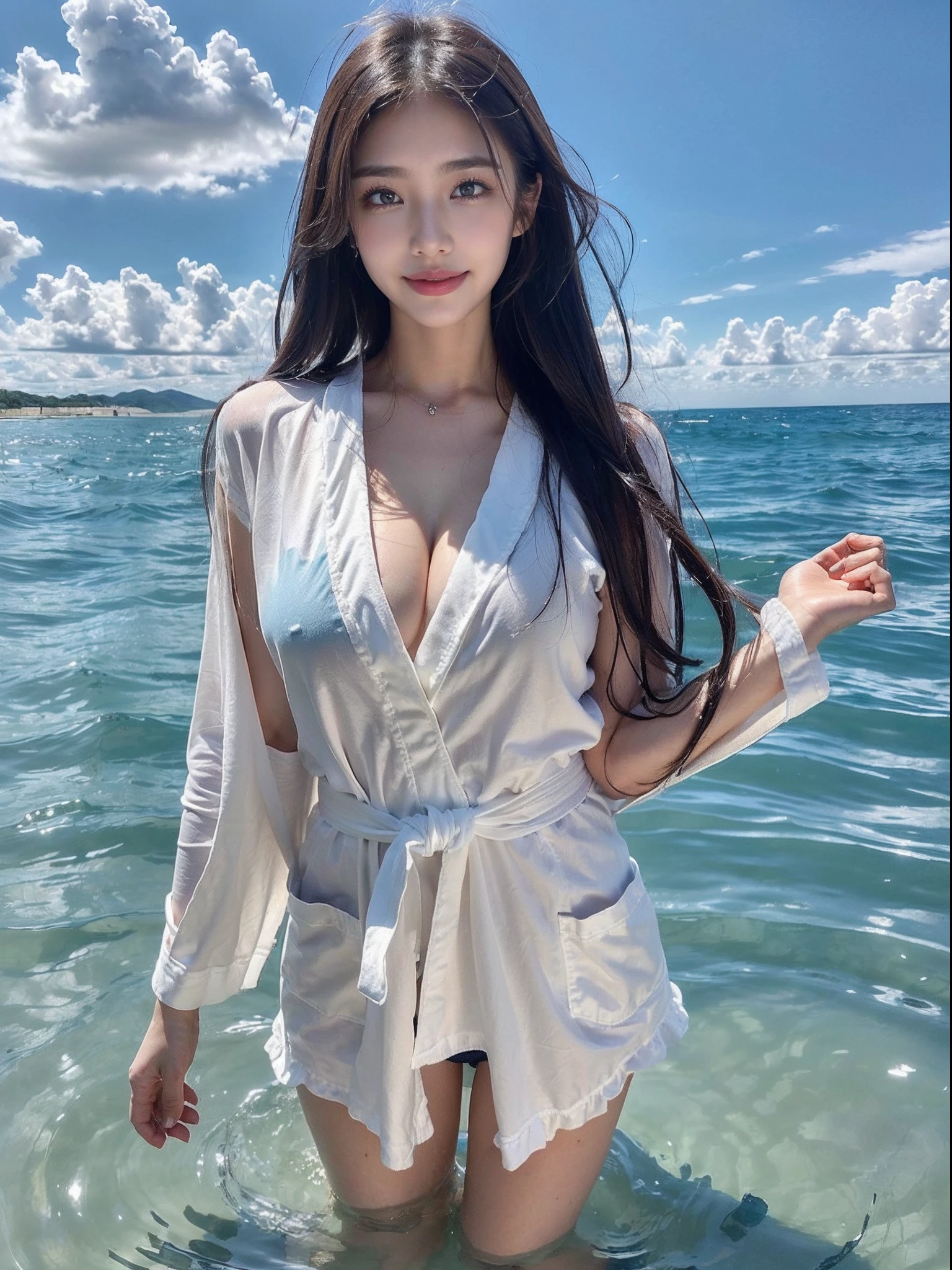 ((top-quality、8K、tmasterpiece:1.3))、a beauty girl、Woman in the water，wetclothes，比基尼，爆乳:1.3、Toned abs、Happy smiling face、Dark brown hair、(Wet body lying in the water)、com rosto detalhado、Detailed lips、A detailed eye、二重まぶた、独奏、1 persons、Play in the water，Alone in the water，dynamicposes，Prompt word restoration
focal length：1.2，perfect figure beautiful woman：1.4，Slim abs：1.1，
（(Dark brown hair，），(bath robe，standing on your feet：1.2），
((the sea，with blue sky and white clouds：1.3)），
Highly detailed facial and skin texture，Flying long hair