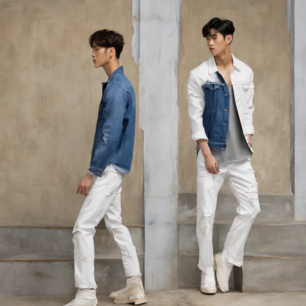 Alafed male model in white jeans and denim jacket leaning against wall, Korean Male, Jinyoung Shin, korean muscle boy 2 1 years old, model with attractive body, Cai Xukun's, taejune kim, male model, siwoo kim, inspired by Joong Keun Lee, Hyuntae, inspired by jeonseok lee, sun-hyuk kim, with abs