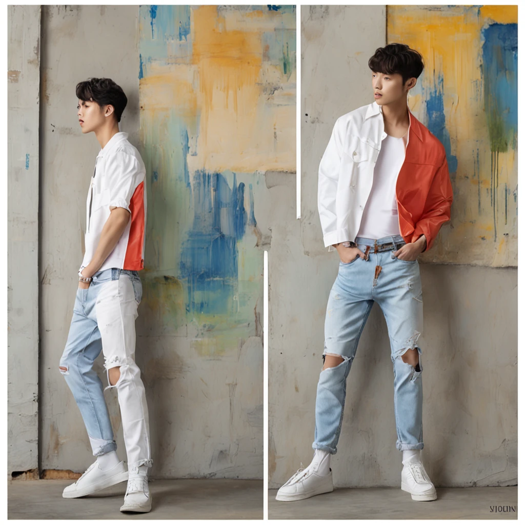 Alafed male model in white jeans and denim jacket leaning against wall, Korean Male, Jinyoung Shin, korean muscle boy 2 1 , model with attractive body, Cai Xukun's, taejune kim, male model, siwoo kim, inspired by Joong Keun Lee, Hyuntae, inspired by jeonseok lee, sun-hyuk kim, with abs