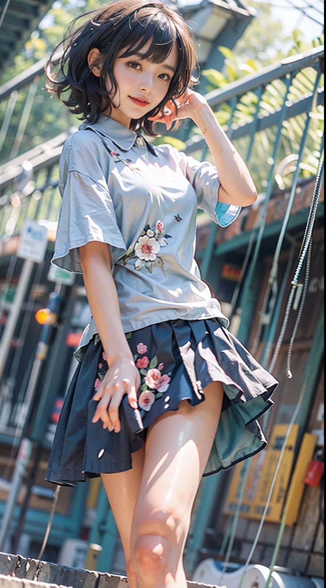 The FW, 1girl in, (Well-formed face), ((Mini dresses in bright colors)), ((The skirt is rolled up)), ((skirt rift)), (white panties), ((You can see all the panties)), ((showing panties)), (emphasis on the buttocks), (The skirt is flipped up in the wind), facing back, The costume is sheer, de pele branca, slender, Small buttocks, small tits, Sunnyday, train station stairs, Wet, Dark hair, I have bangs, short-hair, 二重まぶた, Smiling smile, ((Angle looking up from bottom)), Composition from the buttocks up, surrealism, Cinematic lighting, depth of fields, One-person viewpoint, F/1.8, 135 mm, canon, nffsw, masutepiece, ccurate, Anatomically correct, Textured skin, Super Detail, high details, High quality, awardwinning, Best Quality, hight resolution, 1080p, 4K, 8K