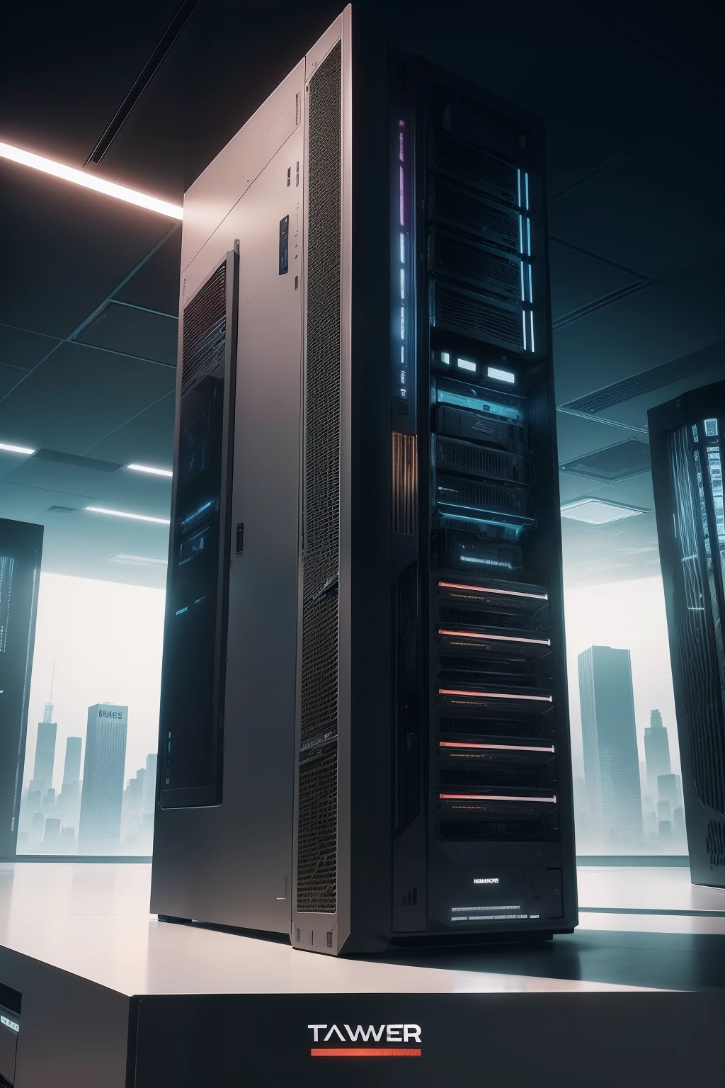 Promotional posters/Content：Tower servers/Computer room background/Dark tones/high - tech/high end/Huawei servers