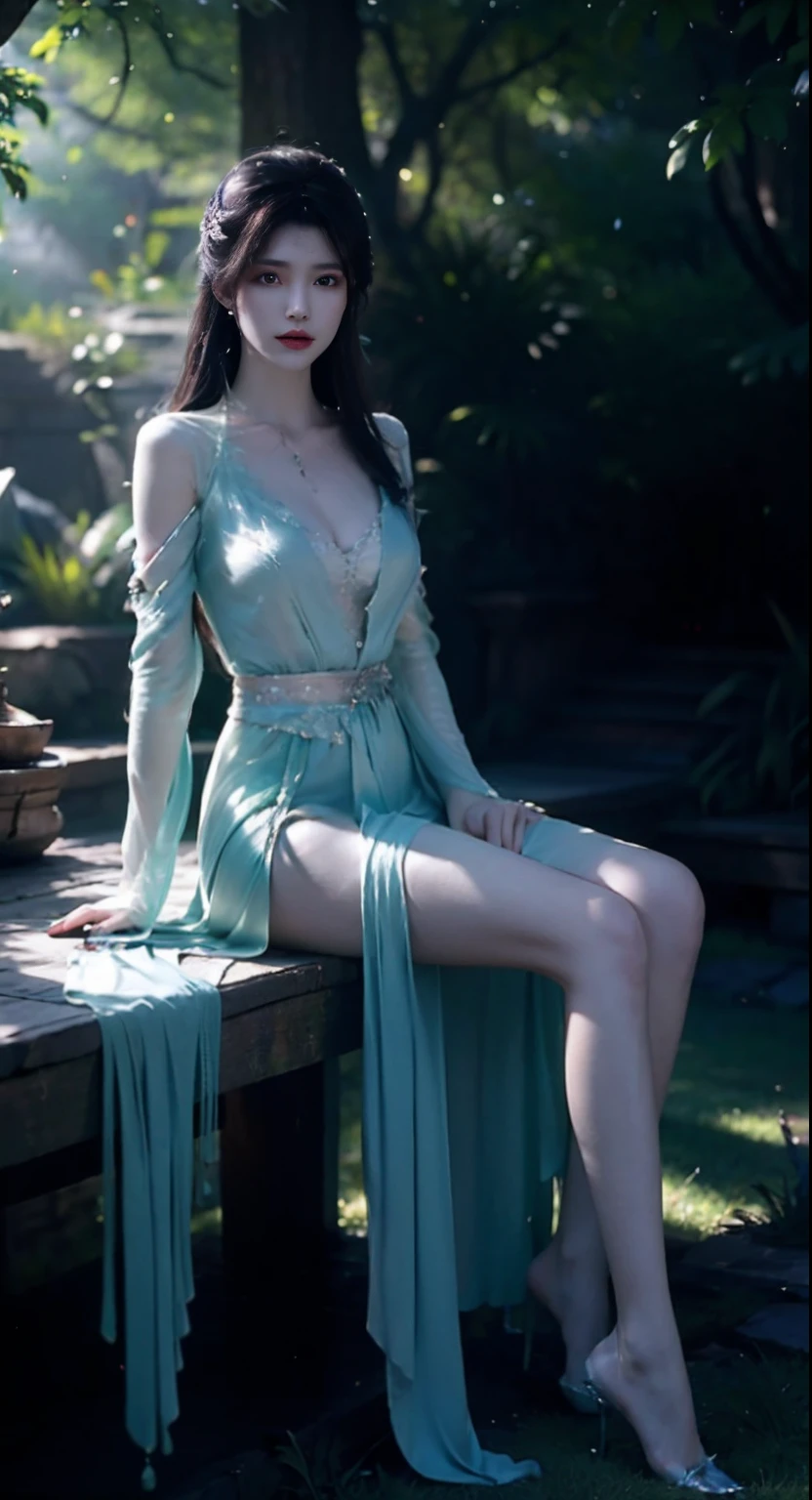 Masterpiece, otherworldly beauty, Surreal, Into the woods, 8K high resolution, smooth, Sharp focus, illustration, 64k, Ultra detailed, ultra-precise detail, bokeh lighting, Intricate, Epic,Full body photo,Jade foot,Long legs,D cup of the chest,barechested,Delicate skin that looms,