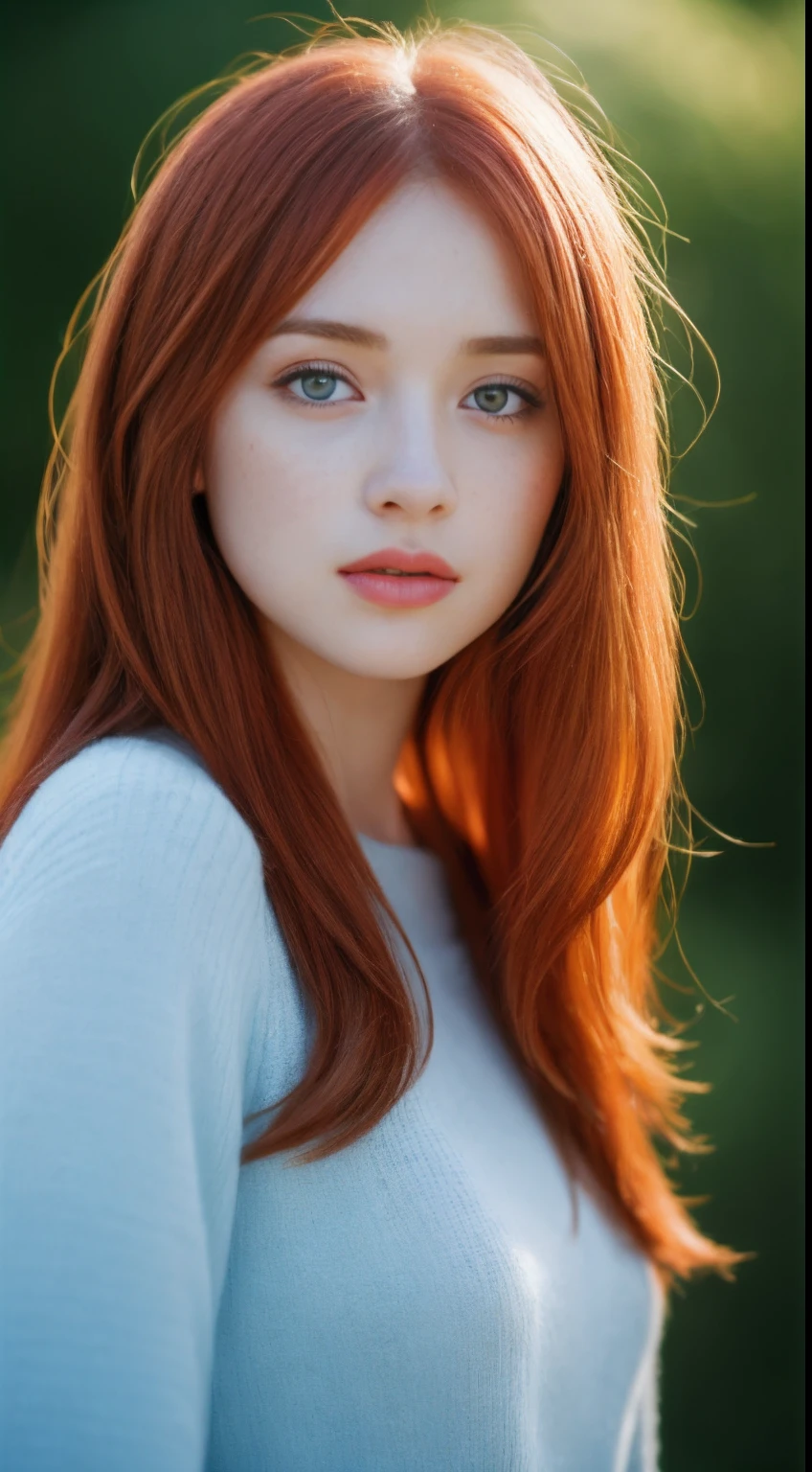Create a realistic image of a beautiful red-haired girl with freckles and blue eyes, her face capturing a sense of charm and uniqueness. Use a telephoto lens, such as an 85mm, 100mm, or 200mm, to focus on her features and achieve a slightly blurred background that complements her appearance. Opt for a camera model like the Sony α7 III, Nikon D850 DSLR 4k, or Canon EOS R5 to ensure the image quality vividly captures the intricate details and lifelike colors.
Position the girl in a way that showcases her natural beauty and allows her personality to shine through. Emphasize her vibrant red hair, freckles, and captivating blue eyes. The soft bokeh created by a wide aperture setting, like F1.2, will add an artistic touch and gently separate the subject from the background.
Pay close attention to lighting, using a setup that enhances the girl's features without overpowering the scene. The result will be a realistic and striking portrayal of the red-haired girl, highlighting her distinctive attributes against a subtly blurred backdrop.