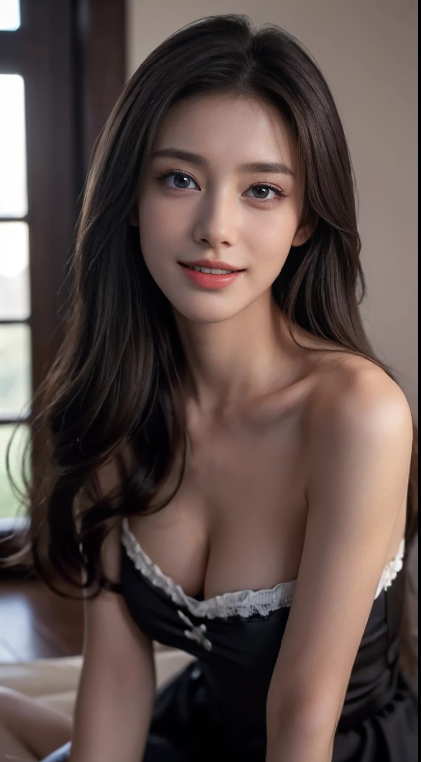 ((Top Quality, 8k, Masterpiece: 1.3)), Beautiful Girl, 1 Woman, Colossal: 1.3, Slender Figure: 1.1, Toned Abs, Happy Smile, Dark Brown Hair, Maid Clothes, Ultra Detailed Face, Detailed Lips, Detailed Eyes, Double Eyelids, Kneeling, Blonde, Blue Eyes