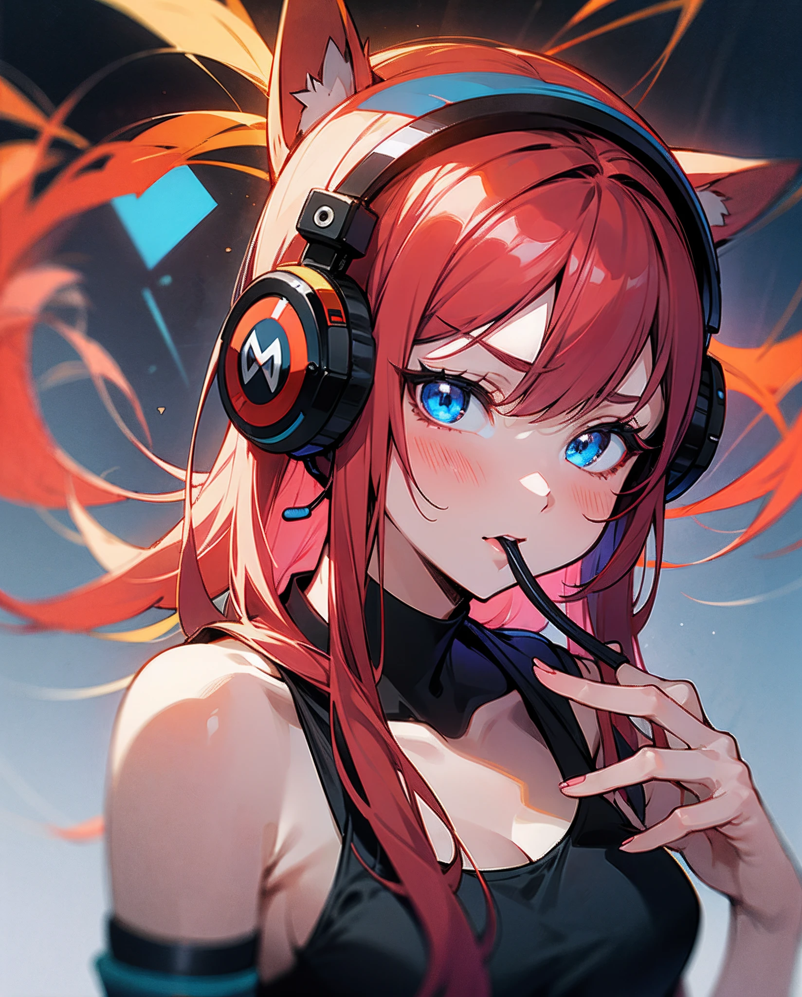 8k,anime style,a girl with fox ears,listening to music with headphones,perfect face,long red hair,blue eyes(drawn by dark blue),black top,shorts,
head,mutant head,extra head,duplicate fingers,defective fingers,mutant fingers,extra fingers,missing fingers,glued fingers,badly drawn mouth,duplicate mouth,defective mouth,mutant mouth, extra mouth --auto --s2