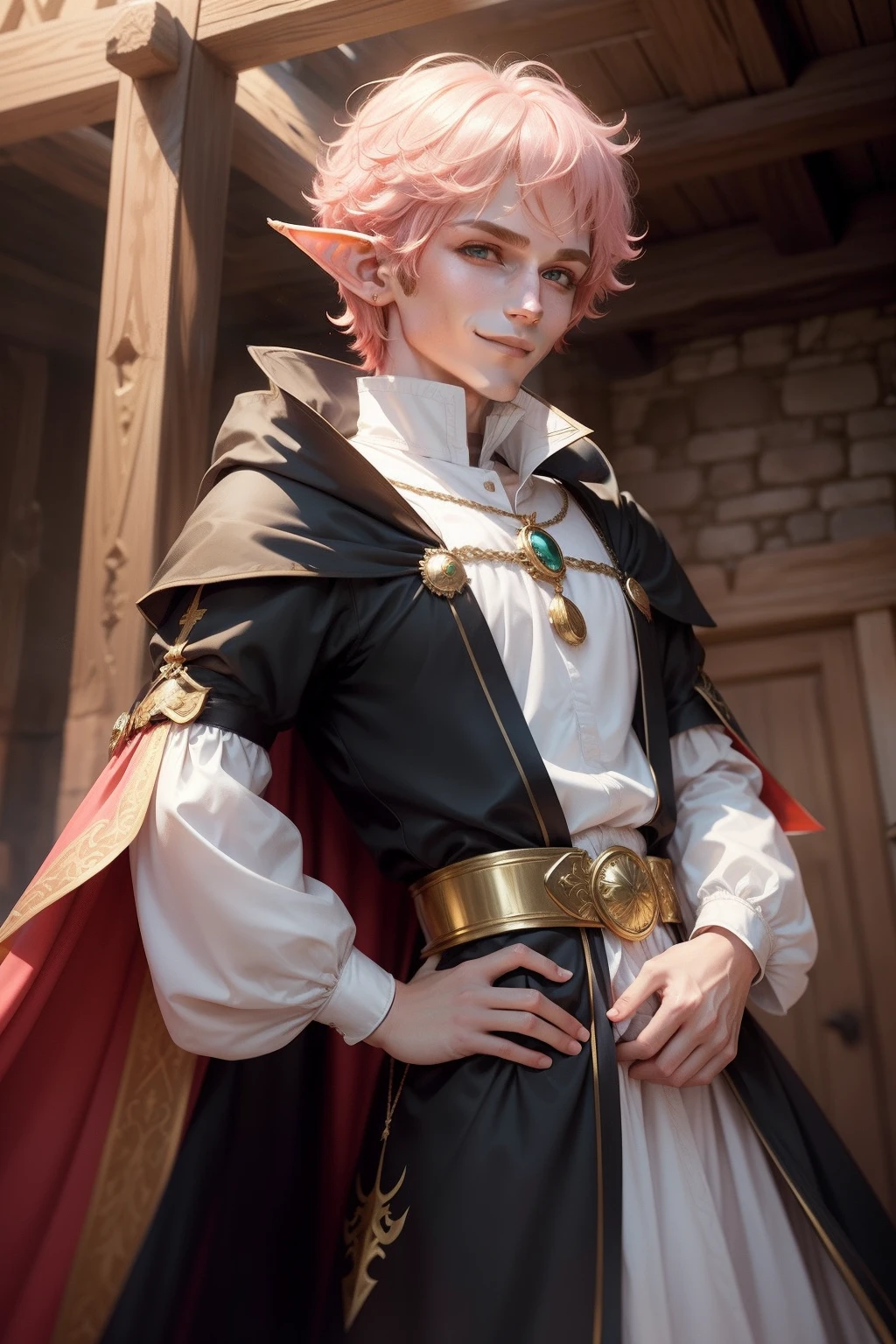 elf boy, short fluffy hair, peach pink colored hair, green eyes, elf ears, white medieval men's shirt with puffy sleeves, smirk, smile, sly, golden accents, gold jewelry, long black cape with red inside, large black wizard hat red inside, long black horse riding boots