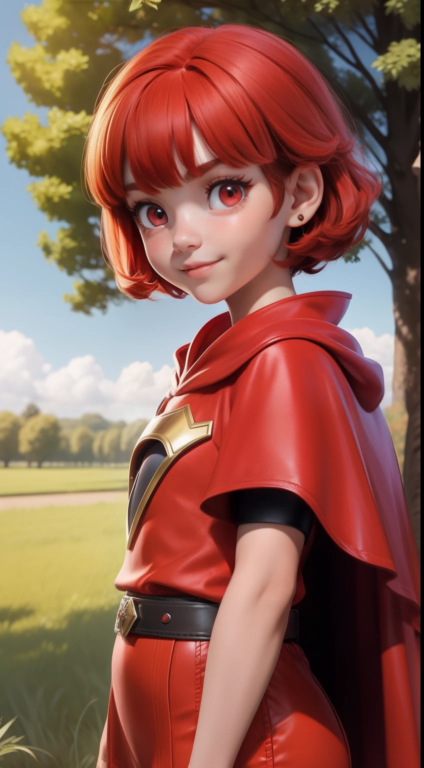 little girl with short red hair, with bangs, with red colored eyes  wearing a red  outfit, innocent outfit wearing cape,heroine pose, friendly expression,background of a field with trees,pixar disney cartoon style