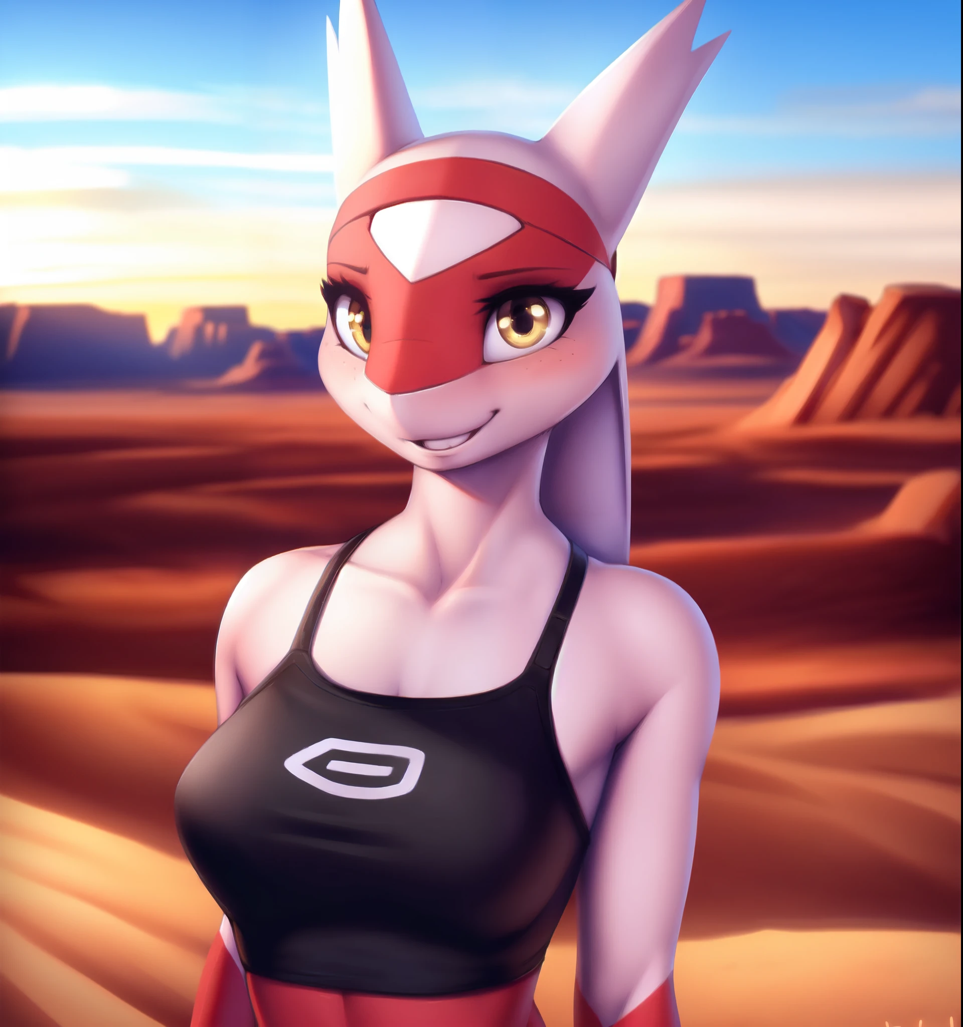 latias, female, anthro, black crop top, upper body, cute smile, looking at viewer, yellow eyes, desert, by personalami, by zackary911, by whisperfoot, (high quality, best quality:1.2),