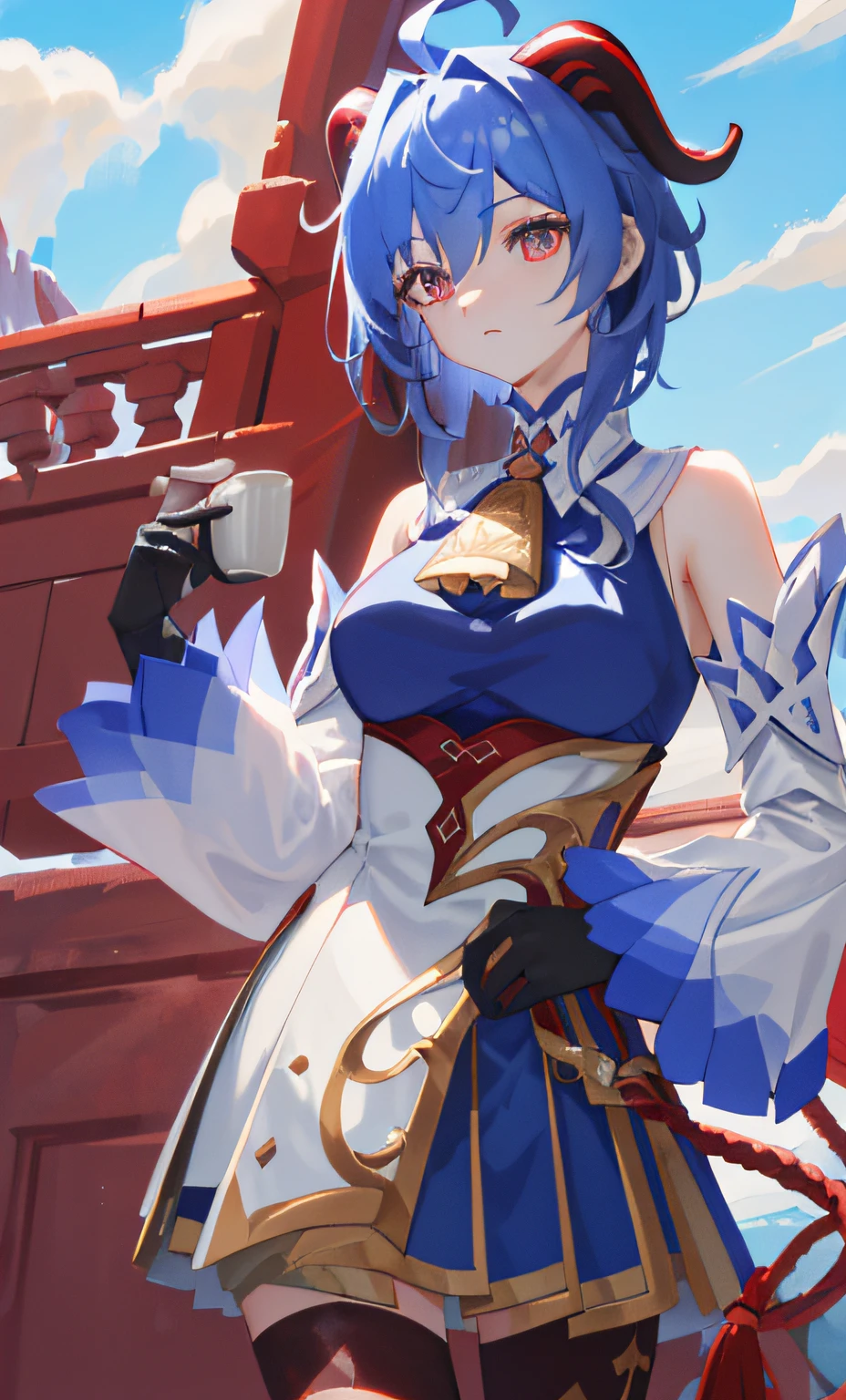 ((tmasterpiece,4k wallpaper,best qualtiy))ganyudef, Be red in the face, In the daytime, simple backgound, blue-sky, short detailed hair, Moody light,light blue hair,light particules,Blue Themes,Busty body,face expressionless,Brilliant,smooth thigh,Huge breasts