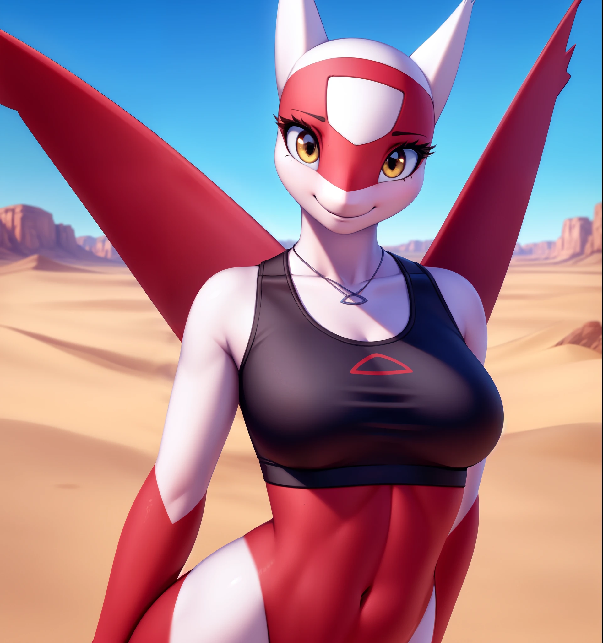 latias, female, anthro, black crop top, upper body, cute smile, looking at viewer, yellow eyes, desert, by personalami, by zackary911, by whisperfoot, (high quality, best quality:1.2),