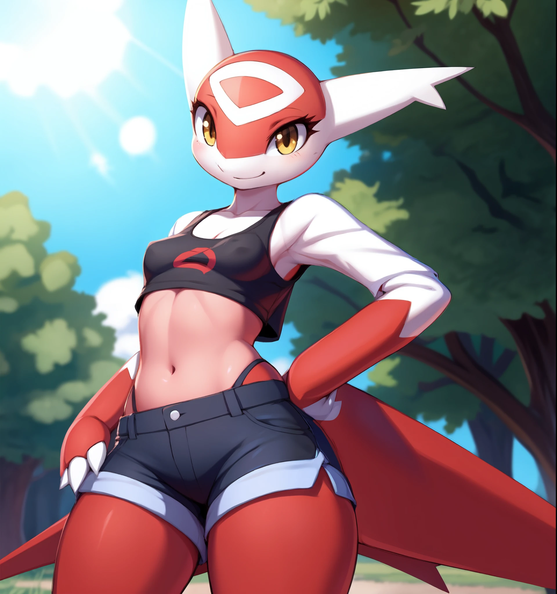 (latias:0.9), female, small breasts, anthro, shirt, midriff, shorts, full body, smile, looking at viewer, yellow eyes, peatland, (by puinkey:0.5), by uromatsu, by personalami,