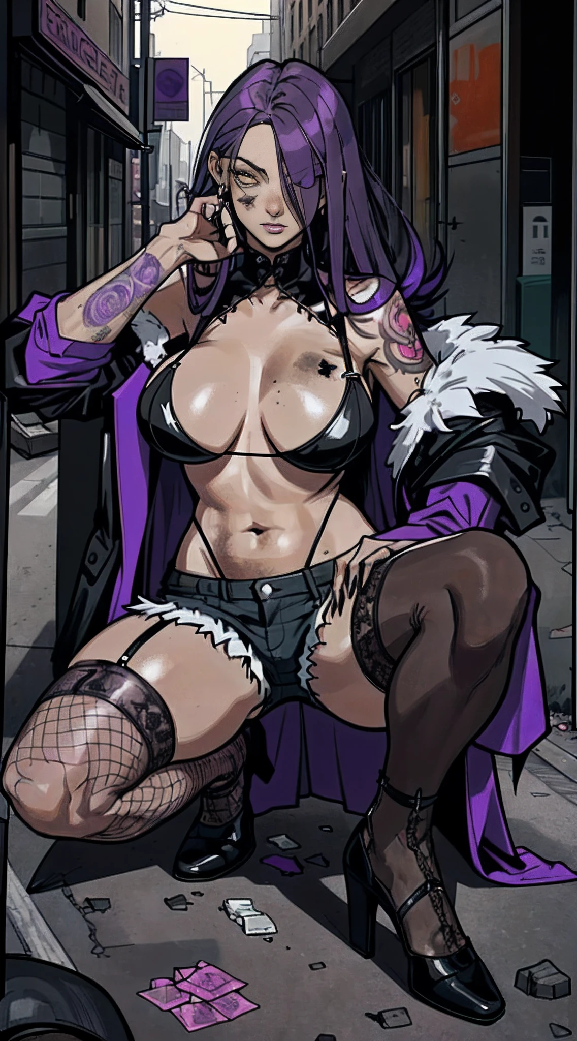 (Best quality at best,tmasterpiece),1girll,Purple colored hair(emo girl,a puncture:1.3),fishnets stockings,Ultra shorts,Belly exposure,There are complex tattoos on the lower abdomen,long whitr hair,the night,street corner,Exposed long-sleeved thick coat,Slim figure,Slim figure,the night,a darkness street,Garbage all over the ground,Condoms that are used in large quantities,Lots of damaged sex toys,No man's street,Dirty streets,Bust,Fine eyes,Super detailed face,Bust,Standing or sitting or squatting or lying down or standing