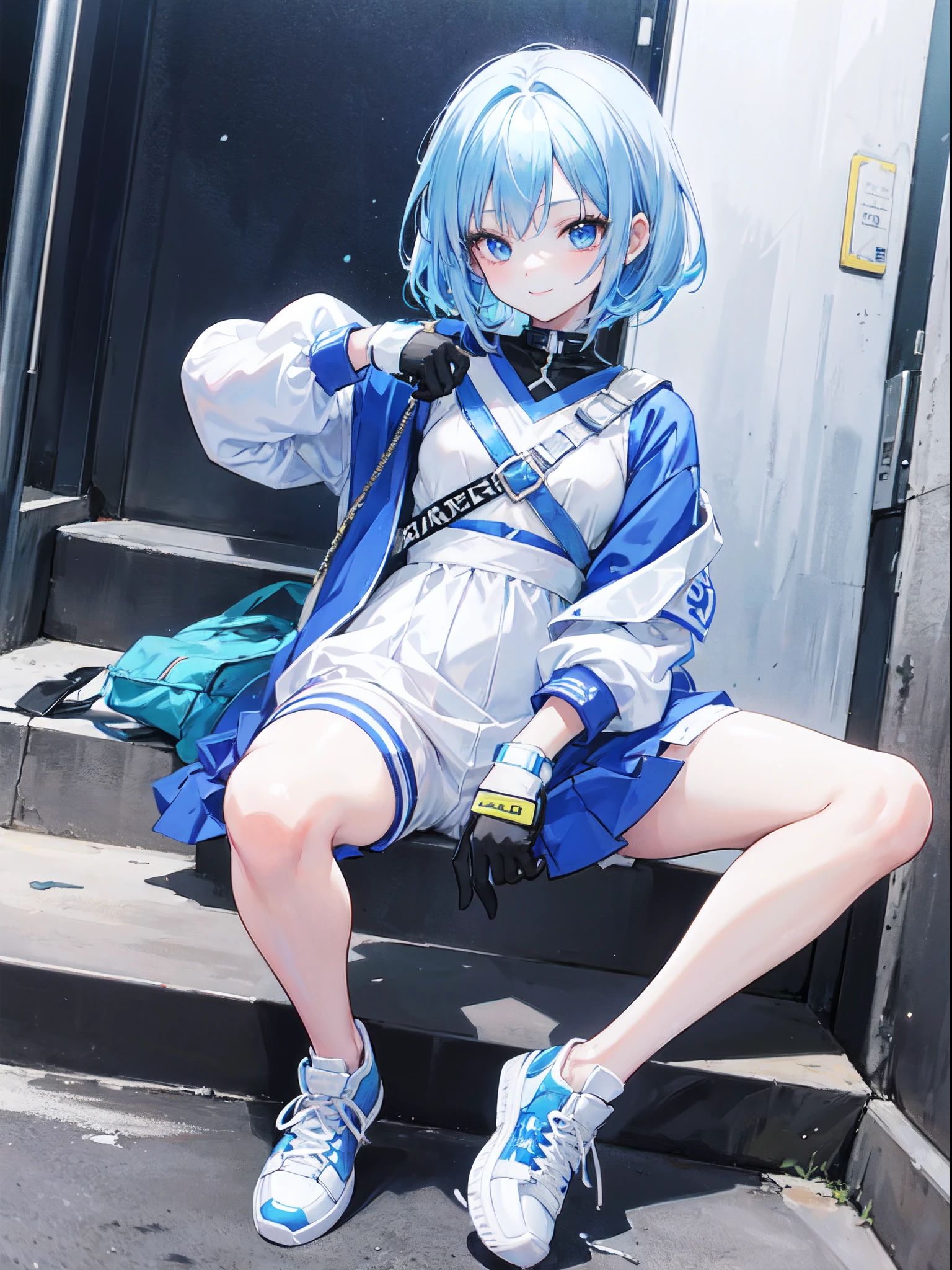 Anime like girl character, 1 girl, girl, flat chest, short white and blue hair, glossy lips, glossy skin, wearing a street wear outfit, gloves, fashionable sneakers, large size sneakers, sky blue bonnet, stickers, wearing a hand bag with stickers, sitting in the stairs, smiling, dynamic posing,