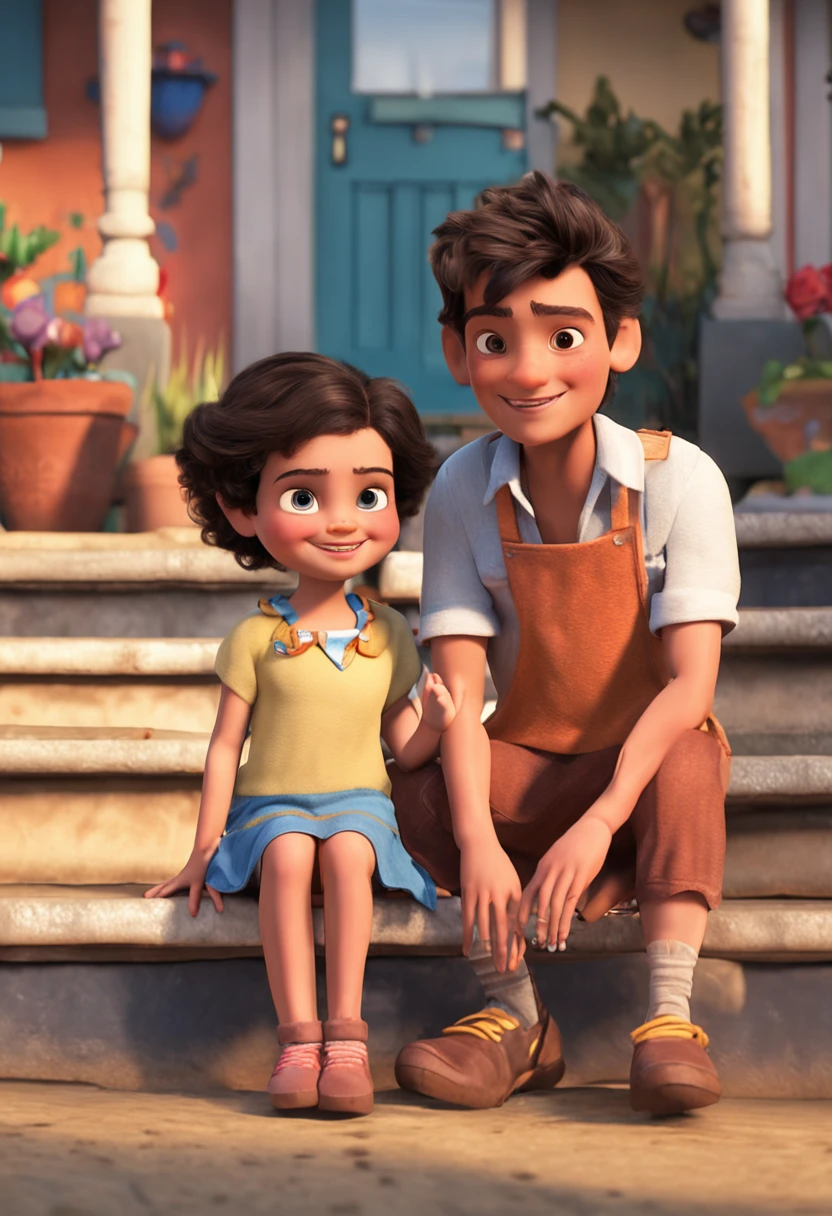 Boy: Miguel, approximately 5 *********, short Disney style hair, brown eyes and smiling. Girl: Giovana, 2 *********, long black hair and blue eyes. Scenario: Miguel and Giovana are in a cozy little house in the valley, in the background a sunny day, highlighting the sun.