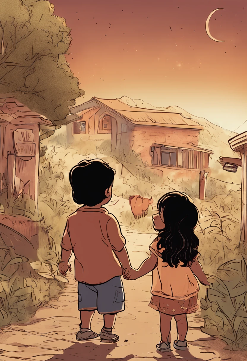 Boy: Miguel, approximately 5 years old, short Disney style hair, brown eyes and smiling. Girl: Giovana, 2 years old, long black hair and blue eyes. Scenario: Miguel and Giovana are in a cozy little house in the valley, in the background a sunny day, highlighting the sun.