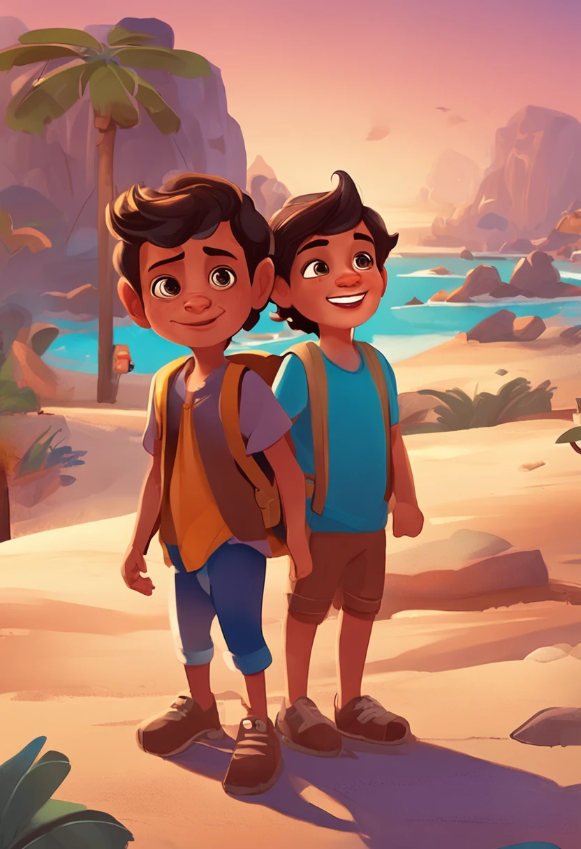 Boy: Miguel, approximately 5 years old, short Disney style hair, brown eyes and smiling. Girl: Giovana, 2 years old, long black hair and blue eyes. Scenario: Miguel and Giovana are in a cozy little house in the valley, in the background a sunny day, highlighting the sun.