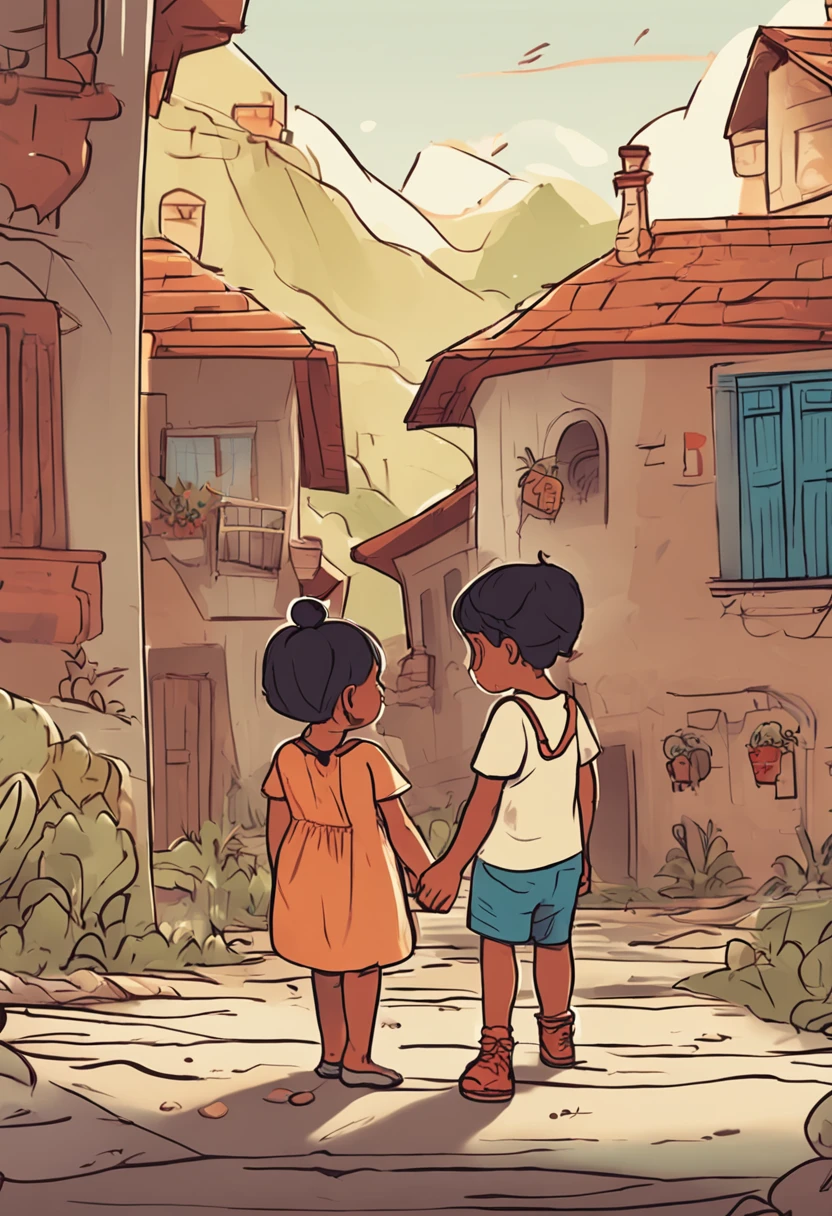 Boy: Miguel, approximately 5 years old, short Disney style hair, brown eyes and smiling. Girl: Giovana, 2 years old, long black hair and blue eyes. Scenario: Miguel and Giovana are in a cozy little house in the valley, in the background a sunny day, highlighting the sun.