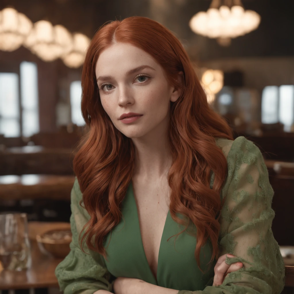 (Professional 3D rendering:1.3) de (Realistic:1.3) foto de arte mais bonita do mundo，mulher ruiva na cafeteria, (( epic fantasy elegant woman universe movies riverdale netflix, long red hair pale ginger clothes moss green and black )), corpo inteiro 8k unidade render, sol refletindo vidro da janela, poros da pele, very dark lighting, sombreamento, circunstanciado, rosto detalhado, (Vibrando, fotografia realista, Realistic, Dramatic, Escuro, foco nítido, 8k), (Roupas de couro elegantes bege :1.4), ((((Use peles)))), (intrincado:1.4), decadente, (altamente detalhado:1.4), Pintura digital, rendering by octane, art stations, conceito-arte, liso, foco nítido, illustration, germe da arte, (Loish:0.23), Coffee on a table, manha tranquila anos 50, (global ilumination, studiolight, light volumetric), chuva forte, particles floating in light , patife, fantasia, Nosso, Corpo inteiroesbiano, ((Fundo escuro e antigo da cidade:1.3)),Art Etações