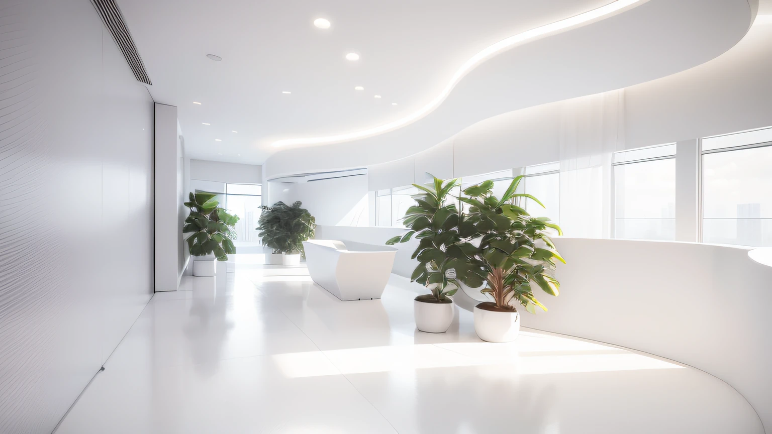 there is a white reception in a large room, all white render, futuristic mix minimalist interior, back ground is minimalist white wall ( lighting realistic, see throung office workspace), white-space-surrounding, rendered in v-ray, smooth surface render, in style minimalist, elegant render, white concrete floor, smooth curvature design