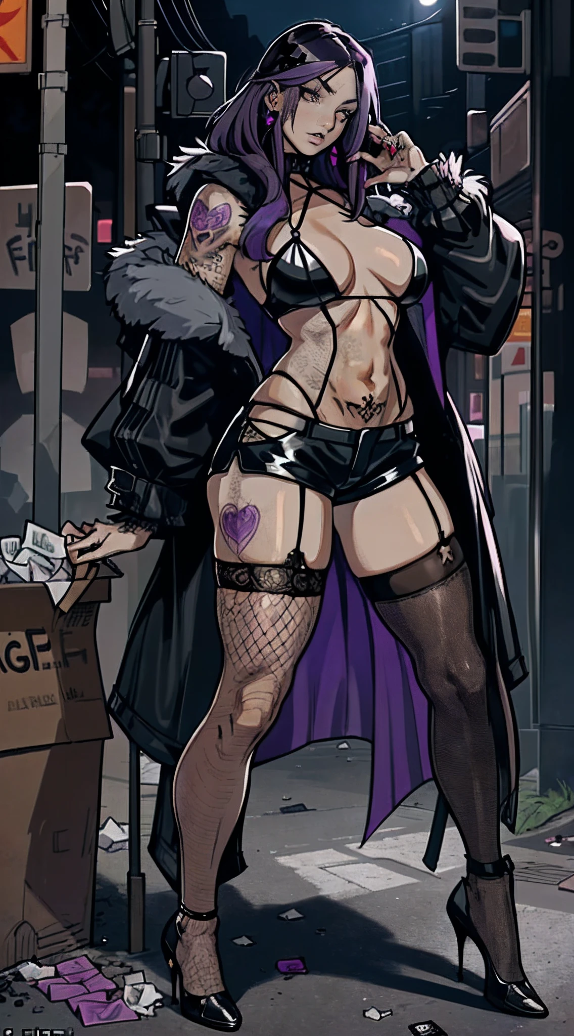 (Best quality at best,tmasterpiece),1girll,Purple colored hair(emo girl,a puncture:1.3),fishnets stockings,Ultra shorts,Belly exposure,There are complex tattoos on the lower abdomen,long whitr hair,the night,street corner,Exposed long-sleeved thick coat,Slim figure,Slim figure,the night,a darkness street,Garbage all over the ground,Condoms that are used in large quantities,Lots of damaged sex toys,No man's street,Dirty streets,Bust,Fine eyes,Super detailed face,Bust,Standing or sitting or squatting or lying down or standing