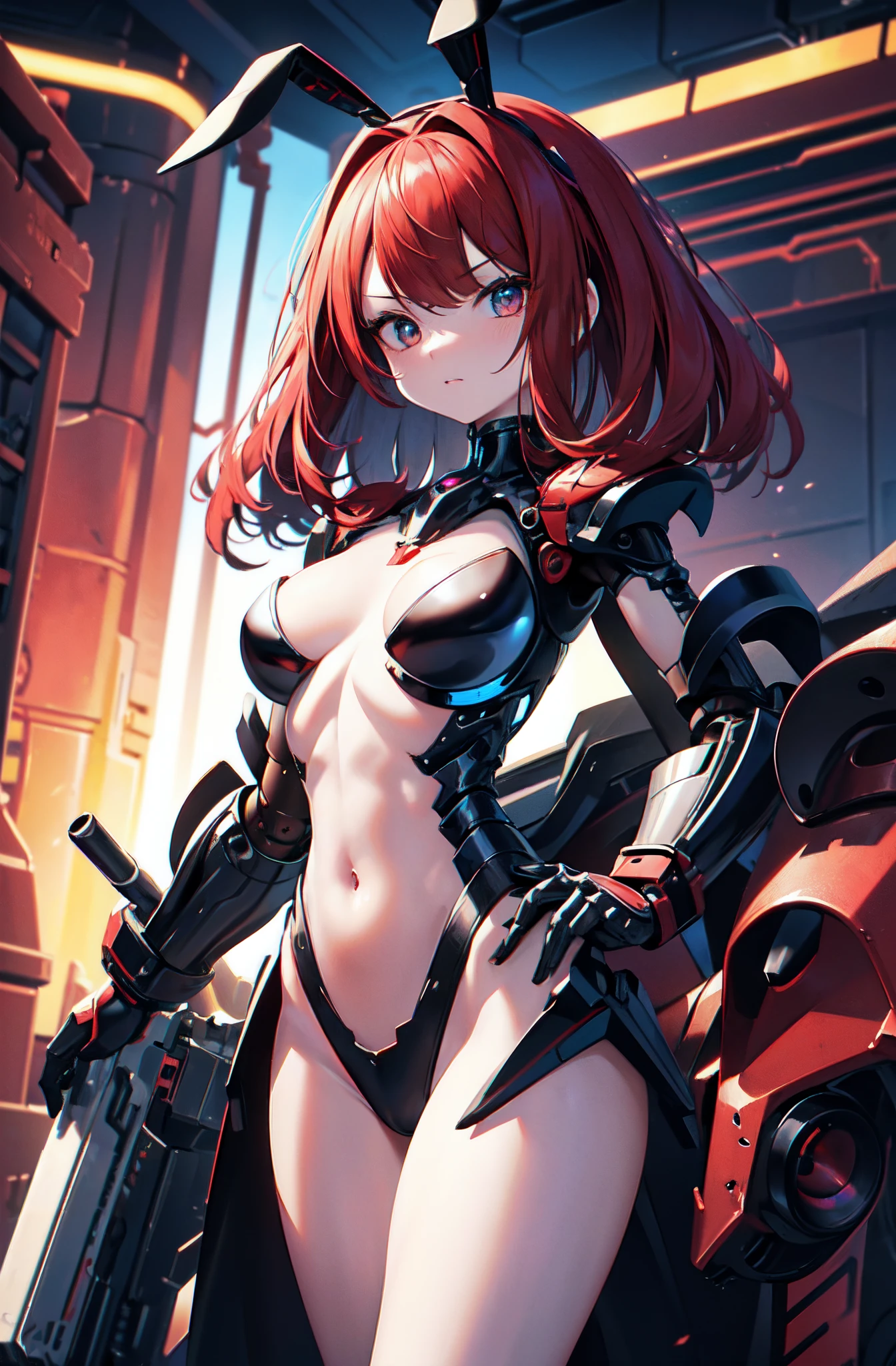 masterpiece face, masterpiece eyes, (red long hair), (feminine machine body), (black machine joints, Mechanical skelton and Artificial muscle), mechanical skin, machine flanks, (Machine internal structure exposure:1.2), (bare chest and navel:1.3), rabbit ears, rabbit tail, cowboy_shot, side focus, shiny, cyber punk, Masterpiece, best quality, captures a super cute moment, depth of field, ultra detailed, ultra high resolution, C4D, Octadale, 3D modeling, 8k, 16k,