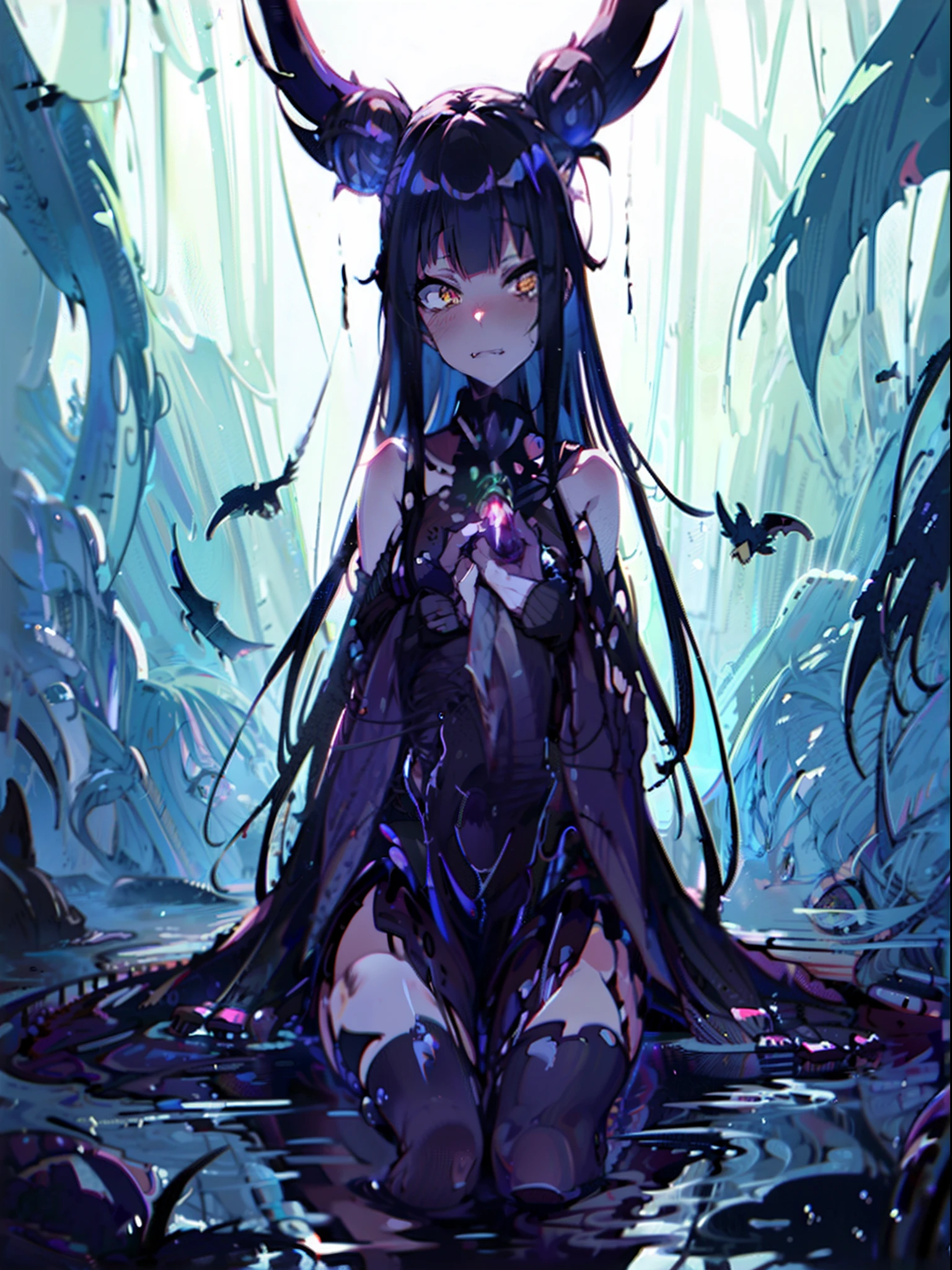 Anime girl with horns sitting in a water pond, ****** anime demon, Demon girl, ****** monstro anime, Deusa do Submundo, Rainha do Submundo, demoness, Succubus bonito, trending on artstation pixiv, Ninfa infernal!!!, Arte Zerochan, gothic maiden anime girl, sbikini. fundo do inferno. sangue coagulado, succubus