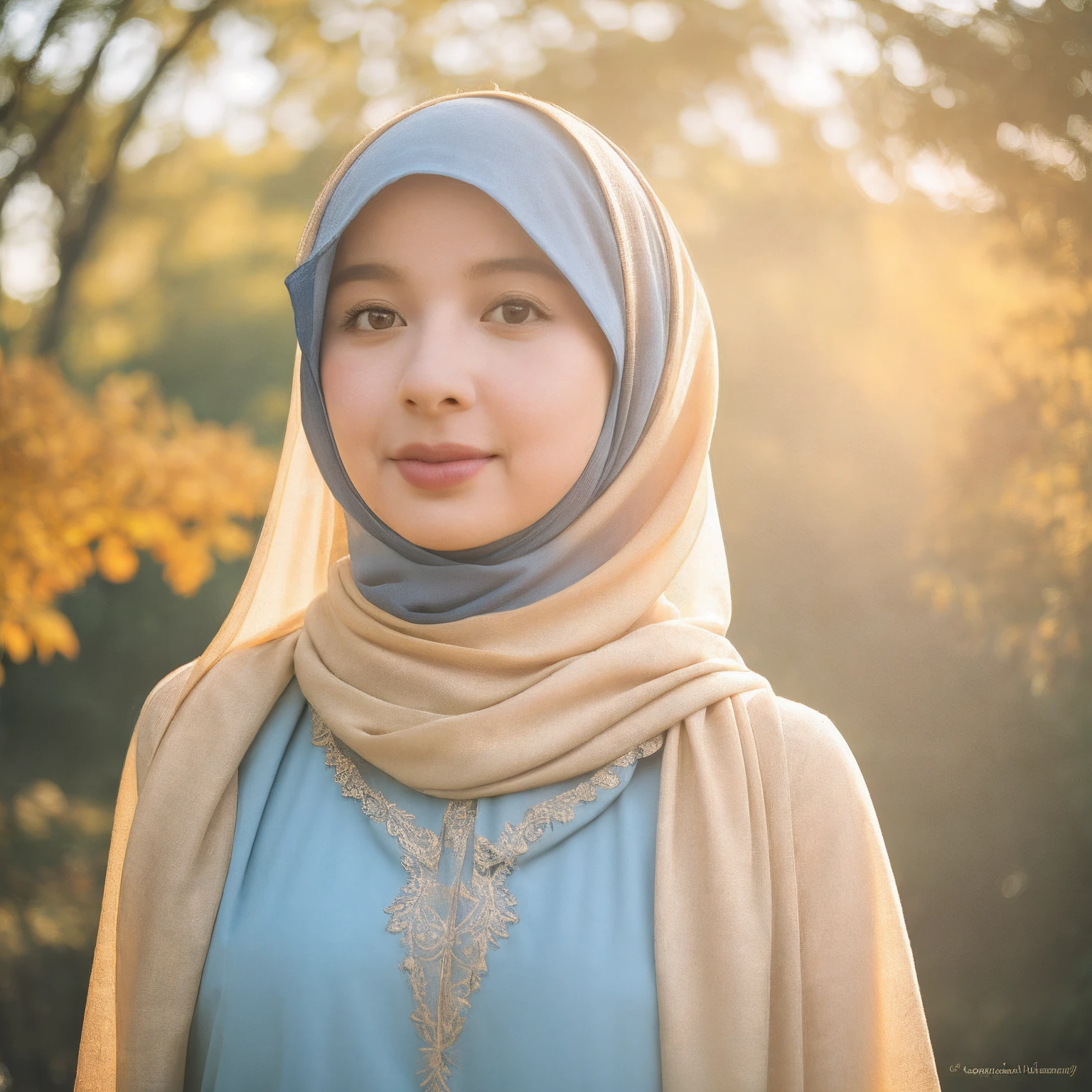 (RAW photo, best quality), (realistic, photo-realistic:1.3), 1 girl, solo girl, extremely delicate and beautiful, Amazing, finely detail, masterpiece, ultra-detailed, highres,(best illustration), (best shadow),intricate,depth of filed, On a summer afternoon, a lovely blue female muslim dress with tunic, pashmina hijabs, hijab, In the golden hues of autumn, creating a soothing sound, shine eyes, immersing herself in harmony with nature, No hair,(blurry background:1.4), sharp focus, volumetric fog, 8k UHD, high quality, (film grain:1.4), apertur f/1.4,