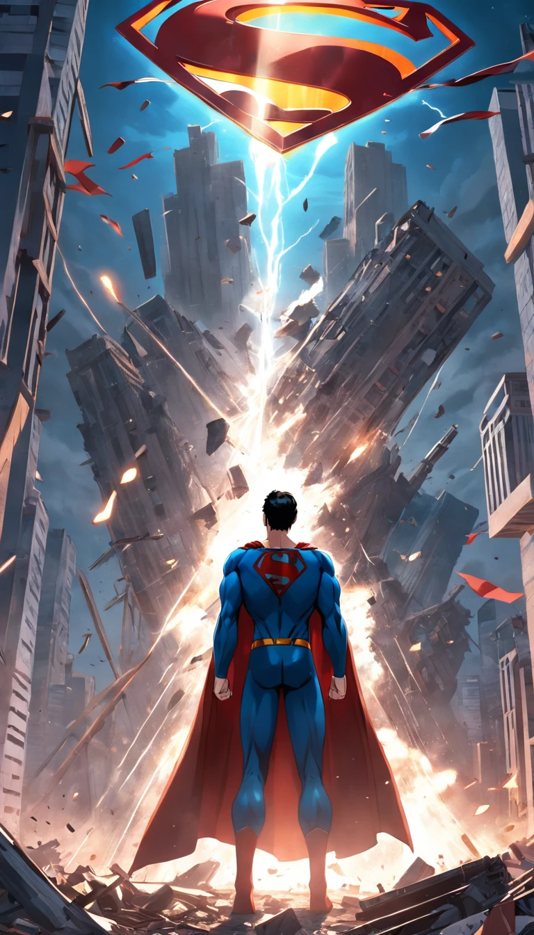 Superman in a scenario with destruction , roupas tradicionais , Standard scenario , imagens sem deformidades , melhor qualidade total , obra prima