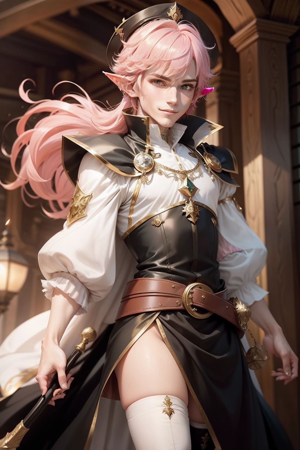 elf boy, short fluffy hair, peach pink colored hair, green eyes, elf ears, white medieval men's shirt with puffy sleeves, smirk, smile, sly, golden accents, gold jewelry, long black cape with red inside, large black wizard hat red inside, long black horse riding boots, kpop boyband face, pretty face, anime boy face