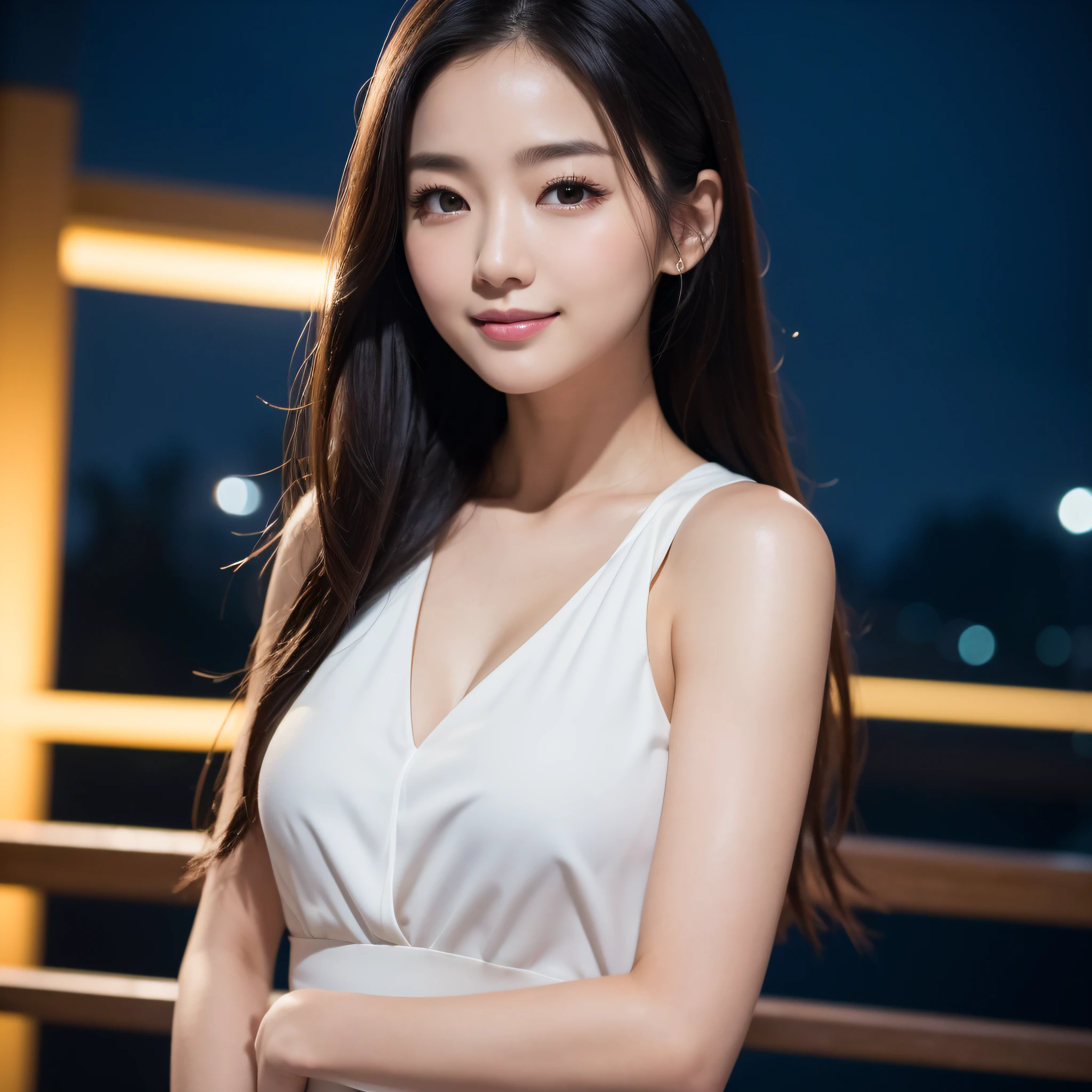 One lady、((best qualtiy、8k masterpieces:1.3))、foco nítido:1.2、(ultra beautiful faces:1.0)、(shinny skin:1.0)、photos realistic、A dark-haired、Video Lighting、High-definition eyes and face、Video Lighting、(Korean Cute Actress)、from the front side、medium breasts、(ssmile:1.2)、Sleeveless、Slender Abs Beauty、Whole body、Wearing a white blouse、in tokyo at night