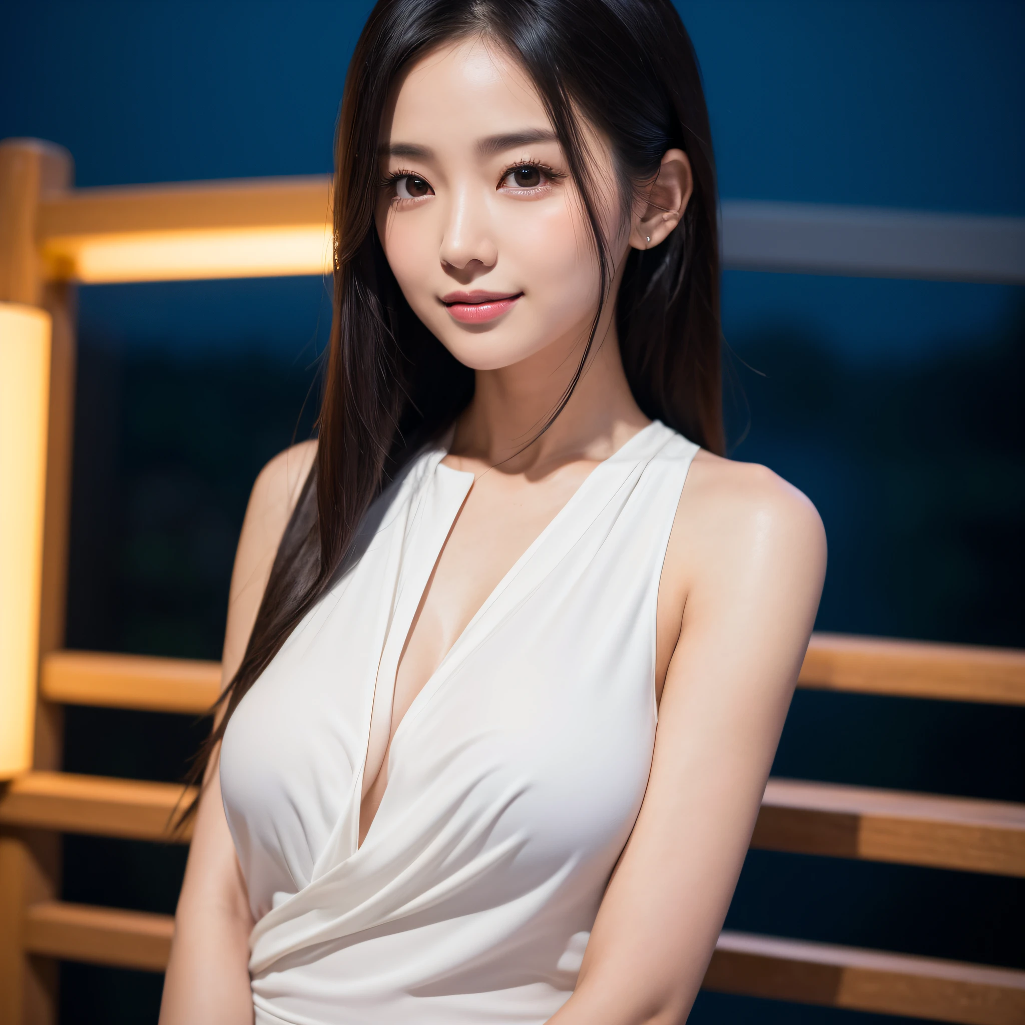 One lady、((best qualtiy、8k masterpieces:1.3))、foco nítido:1.2、(ultra beautiful faces:1.0)、(shinny skin:1.0)、photos realistic、A dark-haired、Video Lighting、High-definition eyes and face、Video Lighting、(Korean Cute Actress)、from the front side、medium breasts、(ssmile:1.2)、Sleeveless、Slender Abs Beauty、Whole body、Wearing a white blouse、in tokyo at night