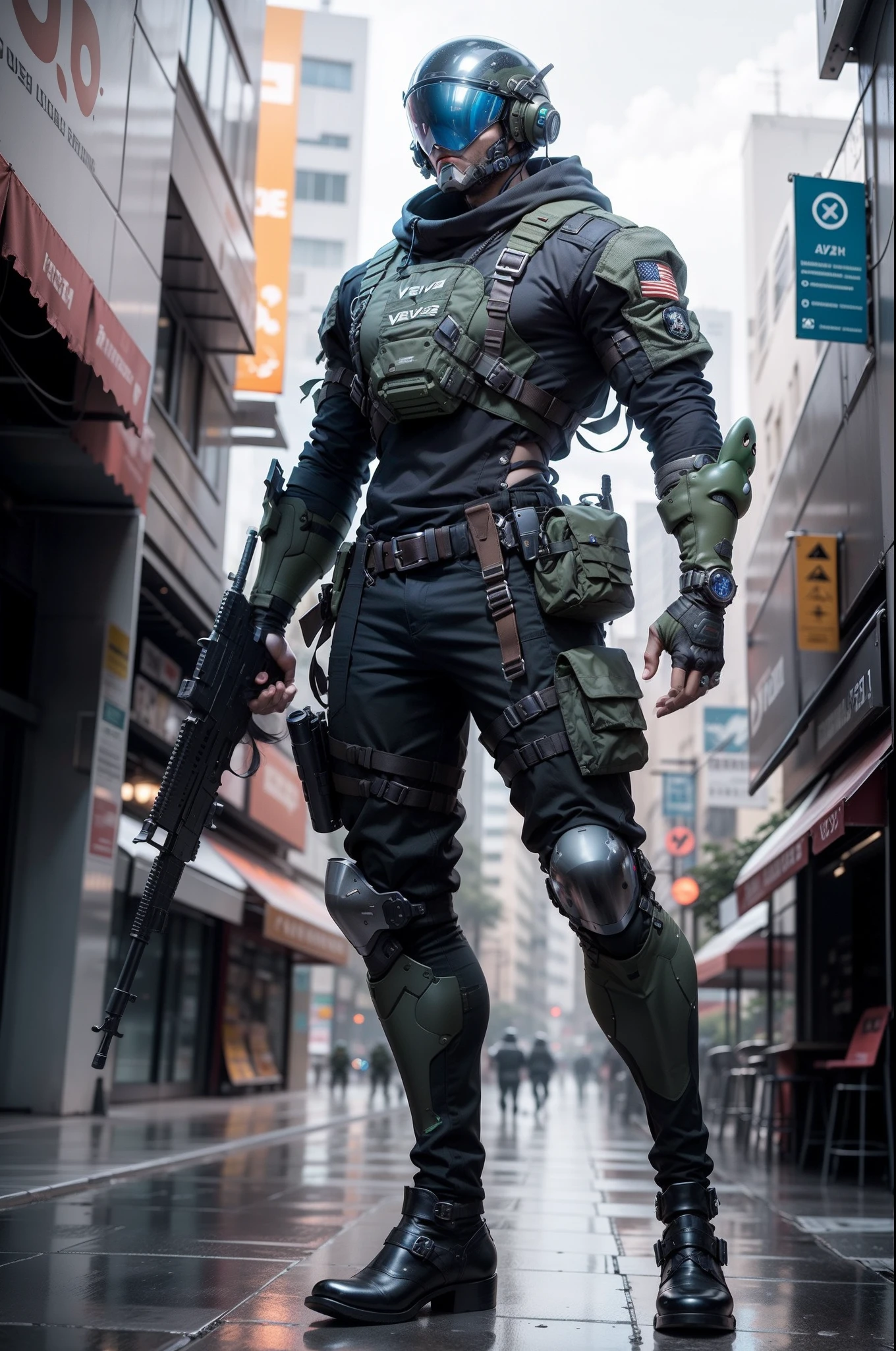 1 homem, a futuristic-looking male military comtender with a fantastic ((square cyberhelmet head with blue lights)), useo um par de ((luvas cinza de ferro)) e ((Botas militares pretas)), Vestido em ((terno cinza FROG)), Standing in Cyberpunk City, segureo arma, segureo arma, rifle, handgun, fuzil de assalto, vestindo epTactical, foco facial, UHD, anatomicamente correto, best quality, master part, painel de corpo inteiro