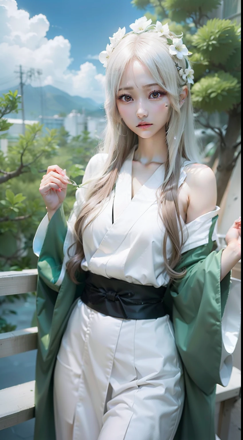 1 girl, Tsunade Senju, in white clothes, green robes, long hair, flaxen hair, brown eyes, realistic, very detailed, 70 mm lens