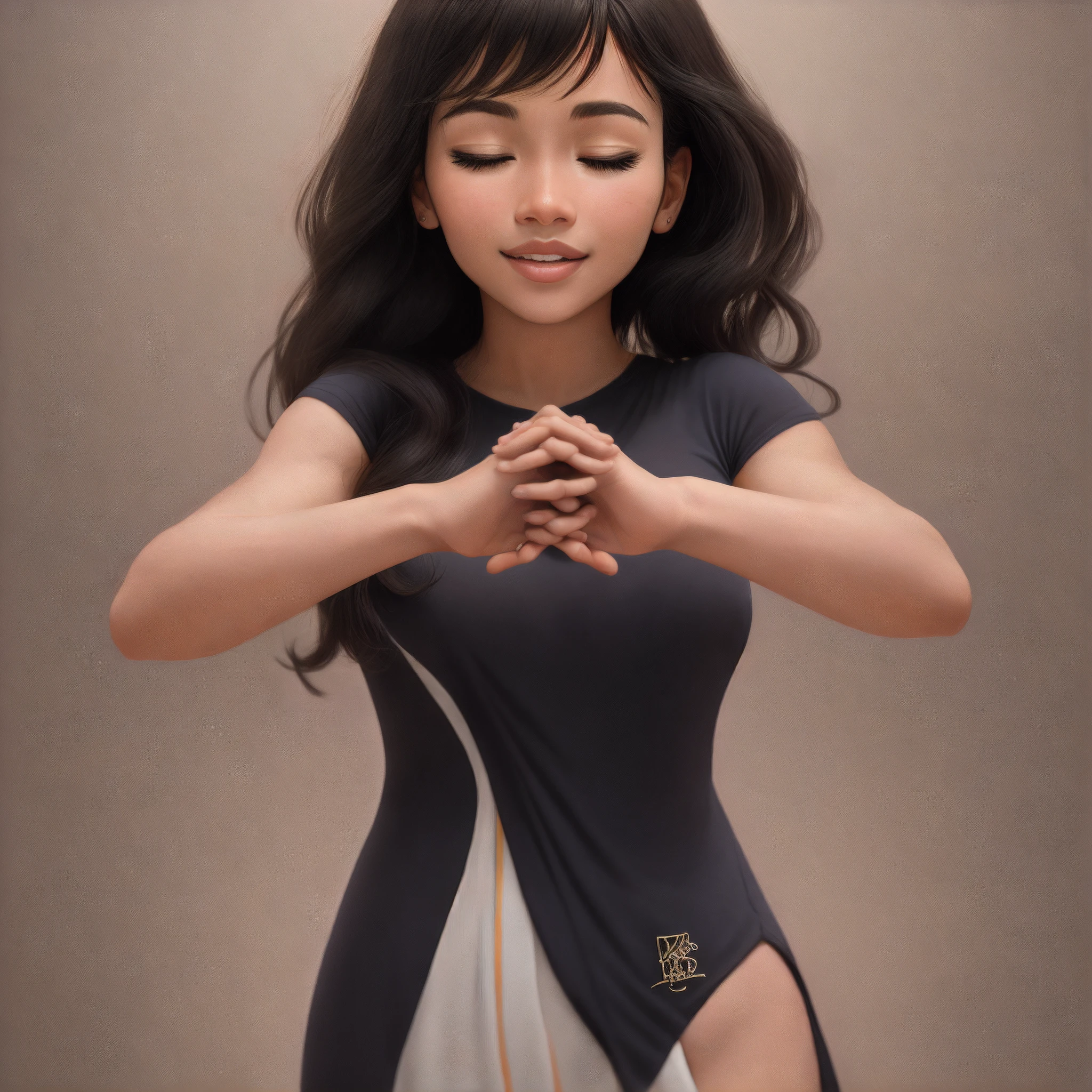 Desenhe uma imagem de uma pessoa de pele negra em uma pose serena, with eyes closed and hands joined in a gesture of prayer. Convey a sense of tranquility and spirituality through the person's posture and facial expression