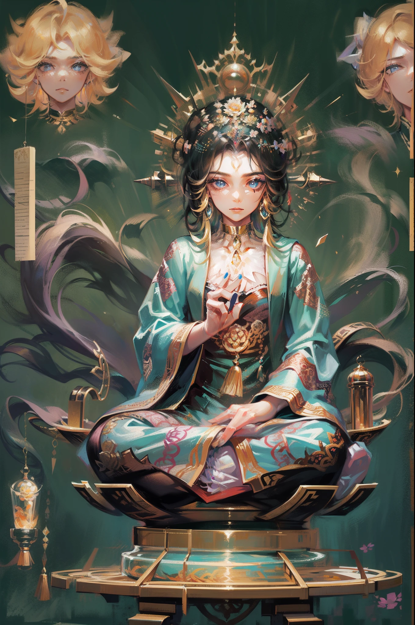 (Chinese immortals), (Buddhism), Multip_Hands,(mythological stories), (bodhisattva), She sits on a lotus, (Three hands on the left,Three hands on the right, Each hand holds a different Buddhist vessel, left right symmetry),(Delicate and beautiful face), (White silk robe)sitting on a lotus flower, Frontal photo,Light smile, neo-classical, OP Art, Chiaroscuro, Cinematic lighting, god light, Ray tracing, character sheets, projected inset, first person perspective, hyper HD, Masterpiece, ccurate, Textured skin, Super detail, High details, High quality, Award-Awarded, Best quality, A high resolution, Exquisite and perfect facial features,美丽细致的眼睛,long eyelasher,Delicate eyeliner,almond eyes,Blue eyes,Dark pupils,There are highlights in the eyes,Beautiful lip details,8K high-definition,anatomy correct,Oil painting thick painting style