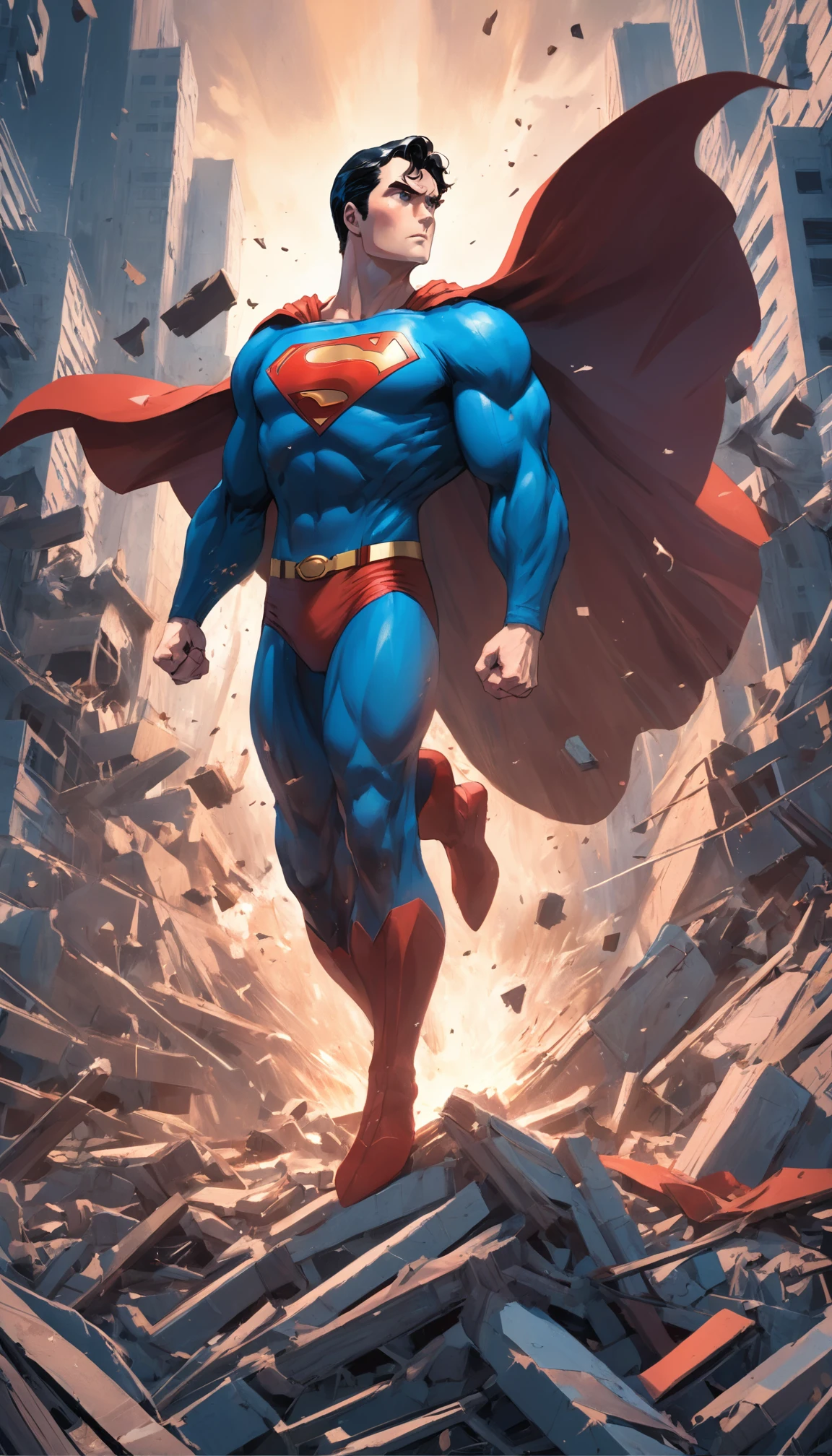 Superman in a scenario with destruction , roupas tradicionais , Standard scenario , imagens sem deformidades , melhor qualidade total , obra prima