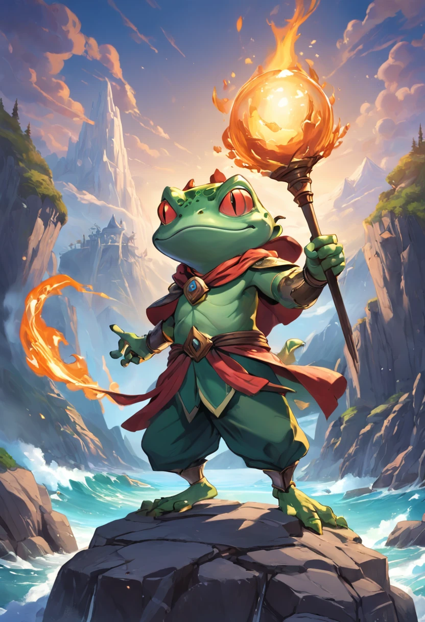 Rob Gonsalves/world of warcraft/Cuphead art style, vectorial, scribbles, Logo design, Anthropomorphic drawing of a frog man，1.0 Wearing ancient clothing，The mage wears， Combat posture , In battle，Mountain and sea show in the background, simplistic design, RTX, hyper HD, cellshading, 32K, Ray tracing, The is well defined, Cartoon, Realistic, Drawing, Unreal Engine 5, rendering by octane, Shaders, 。.3D，theelementoffire，Unleash the fireball，balls of fire ，Immortal feeling ，jumpping 。