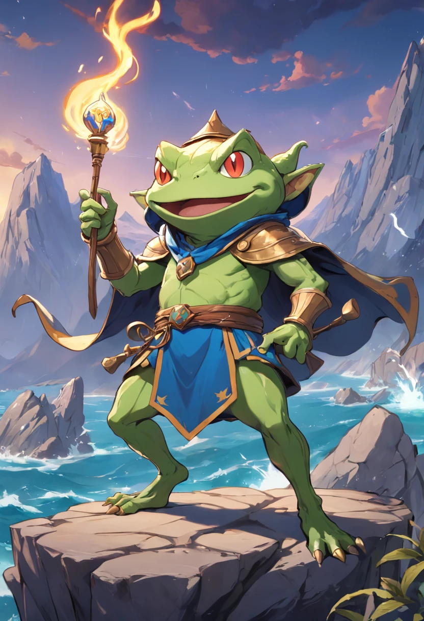 Rob Gonsalves/world of warcraft/Cuphead art style, vectorial, scribbles, Logo design, Anthropomorphic drawing of a frog man，1.0 Wearing ancient clothing，The mage wears， Combat posture , In battle，Mountain and sea show in the background, simplistic design, RTX, hyper HD, cellshading, 32K, Ray tracing, The is well defined, Cartoon, Realistic, Drawing, Unreal Engine 5, rendering by octane, Shaders, 。.3D，theelementoffire，Unleash the fireball，balls of fire ，Immortal feeling ，jumpping 。