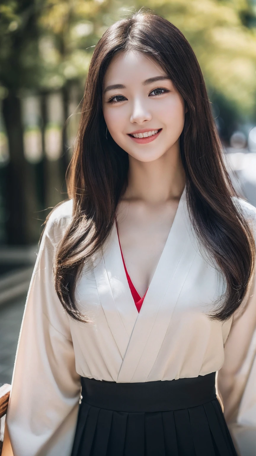 (​masterpiece:1.3), (in 8K, Photorealsitic, Raw photography, Top image quality: 1.4), japanes, (1girl in), beauitful face, (Lifelike face), (A dark-haired, long:1.3), Beautiful hairstyle, Realistic eyes, Beautiful eyes, (real looking skin), Beautiful skin, enticing, 超A high resolution, A hyper-realistic, high-detail, the golden ratio, Detal Face,see the beholder,lightsmile、((1 girl in)), (NSFW:1.2), (Highly detailed CG Unity 8K wallpapers), (​masterpiece), (top-quality), (ultra-detailliert), (The best illustrations), (Best Shadows), (realisitic), (pureerosface_v1:0.5), lensflare, (depth of fields), (natural soft light), 超A high resolution, (eye detailed), A charming smile, (brunette) , Black Long Hair、((The chest is slightly open、Hakama、a red skirt))、（torii gate、temple）、full bodyesbian：1.5