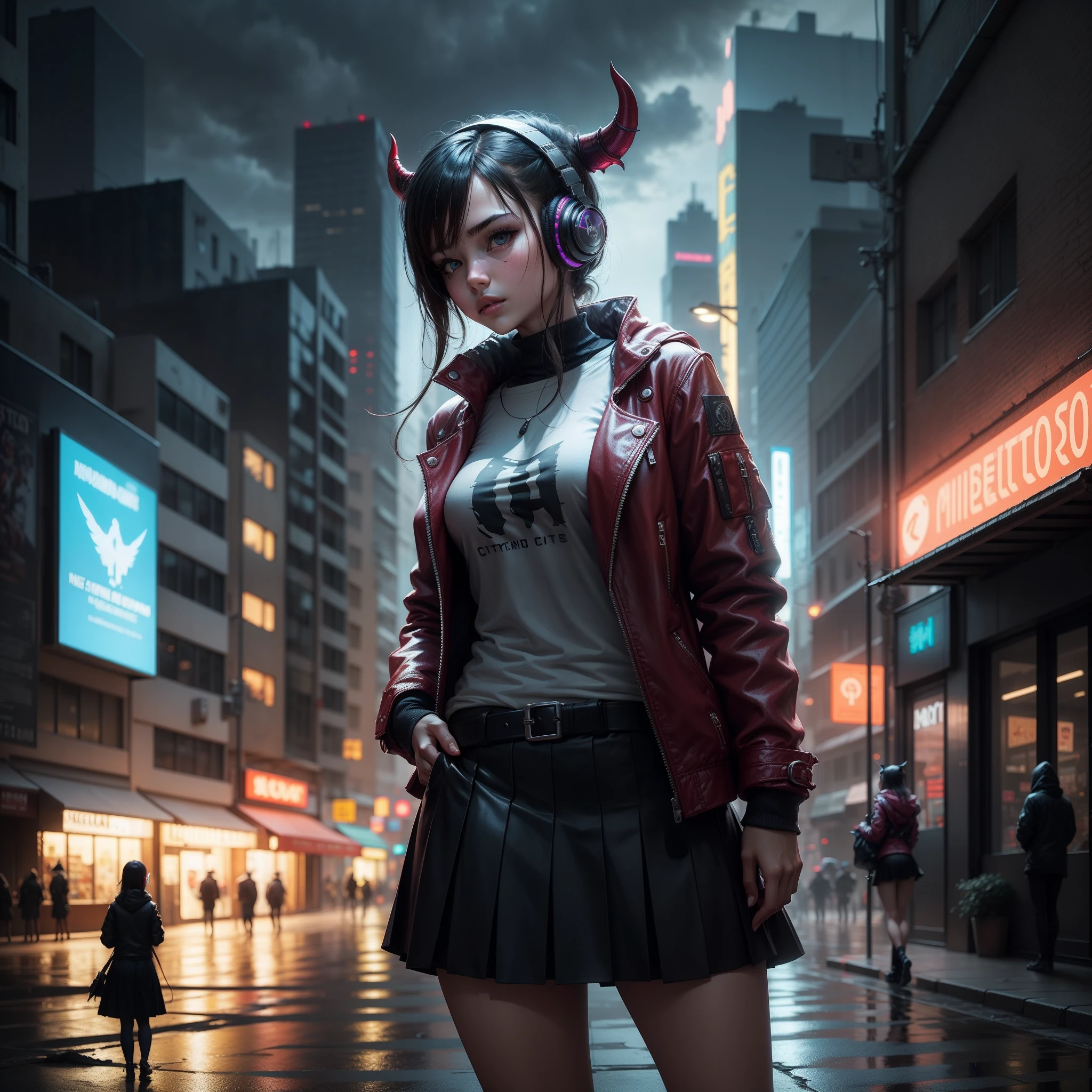 Demon girl, cyberpunk City, girl with headphones, rainy night, skirt, katana