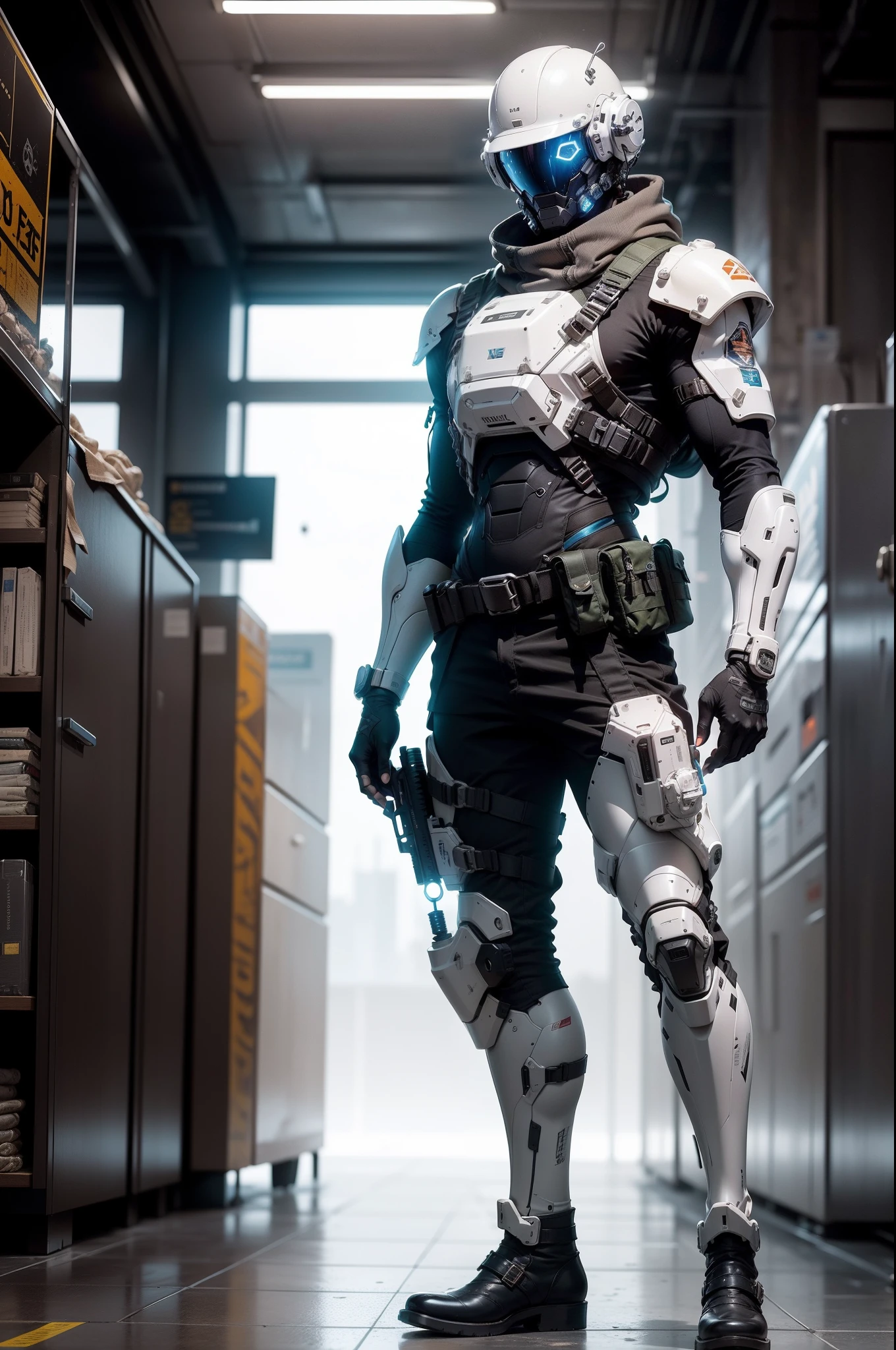 1 homem, a futuristic-looking male military comtender with a fantastic ((square cyberhelmet head with blue lights)), useo um par de ((luvas cinza de ferro)) e ((Botas militares pretas)), Vestido em ((terno cinza FROG)), Standing in Cyberpunk City, segureo arma, segureo arma, rifle, handgun, fuzil de assalto, vestindo epTactical, foco facial, UHD, anatomicamente correto, best quality, master part, painel de corpo inteiro