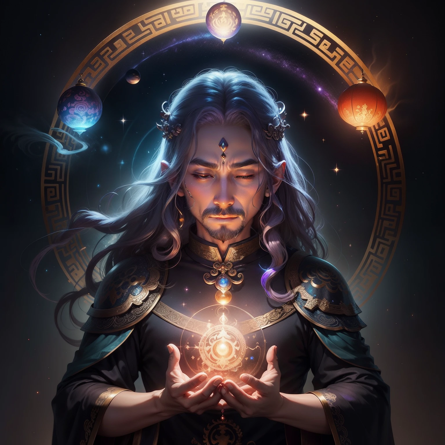 Meditating man with third eye between eyebrows、chinese mythology、Iridescent Universe、universes、Beautiful universe、Mysterious art、Mysteries of the universe、Fantasyart、The Abyss of the Universe、Lumiere、Shines、Peace of mind