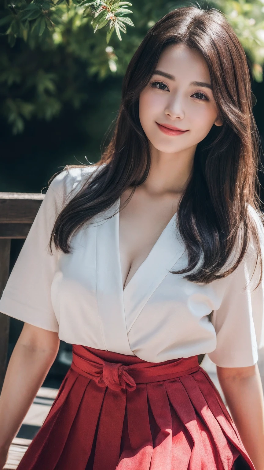 ((Realistic lighting, Highest quality, 8k, masterpiece: 1.3)), Clear focus: 1.2, One girl, Perfect beauty: 1.4, Slim Abs: 1.1, ((Dark brown hair)), (White kimono、Red long skirt: 1.4), (Big Breasts: 1.1), view of the shrine, Very beautiful face, Beautiful Eyes, double eyelid, Japanese hairstyle、Shrine maiden