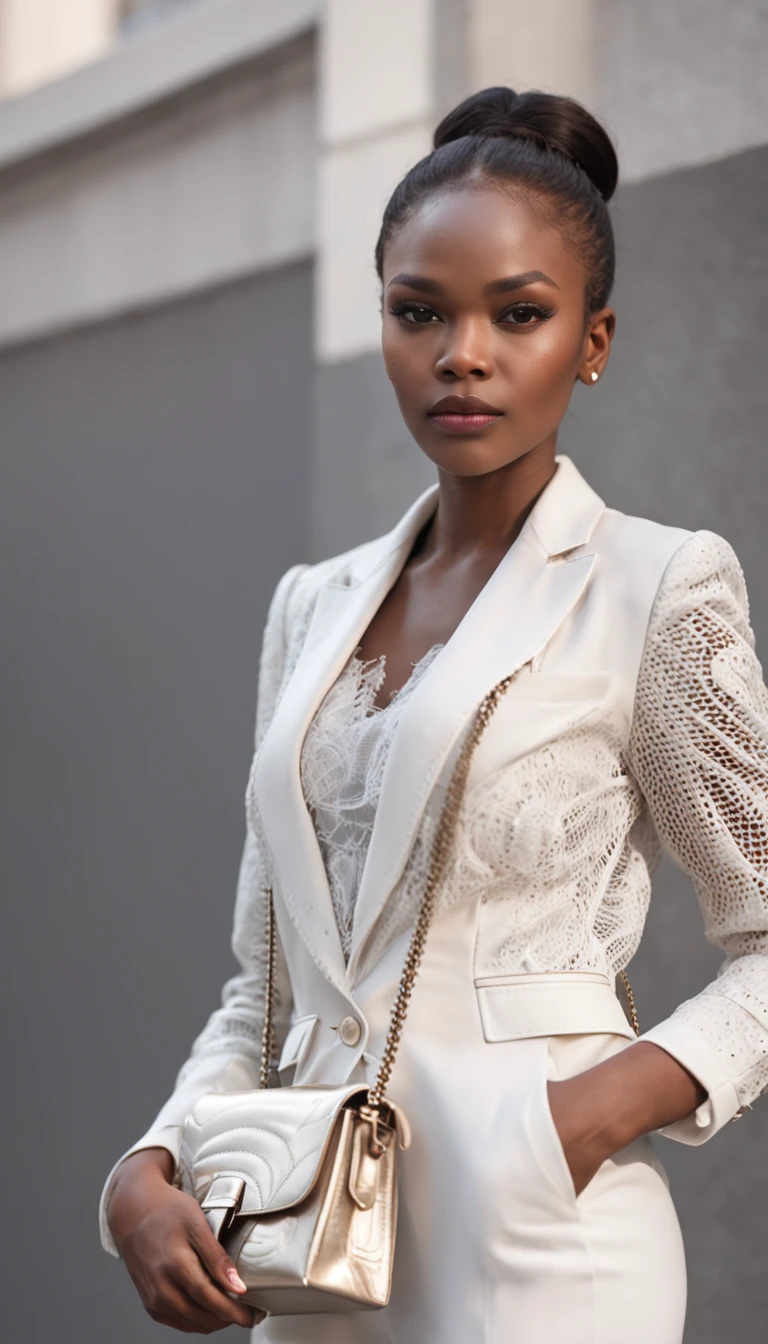 an african woman wearing a white suit and handbag in front of some steps, in the style of layered mesh, light silver and light brown, pop inspo, flawless line work