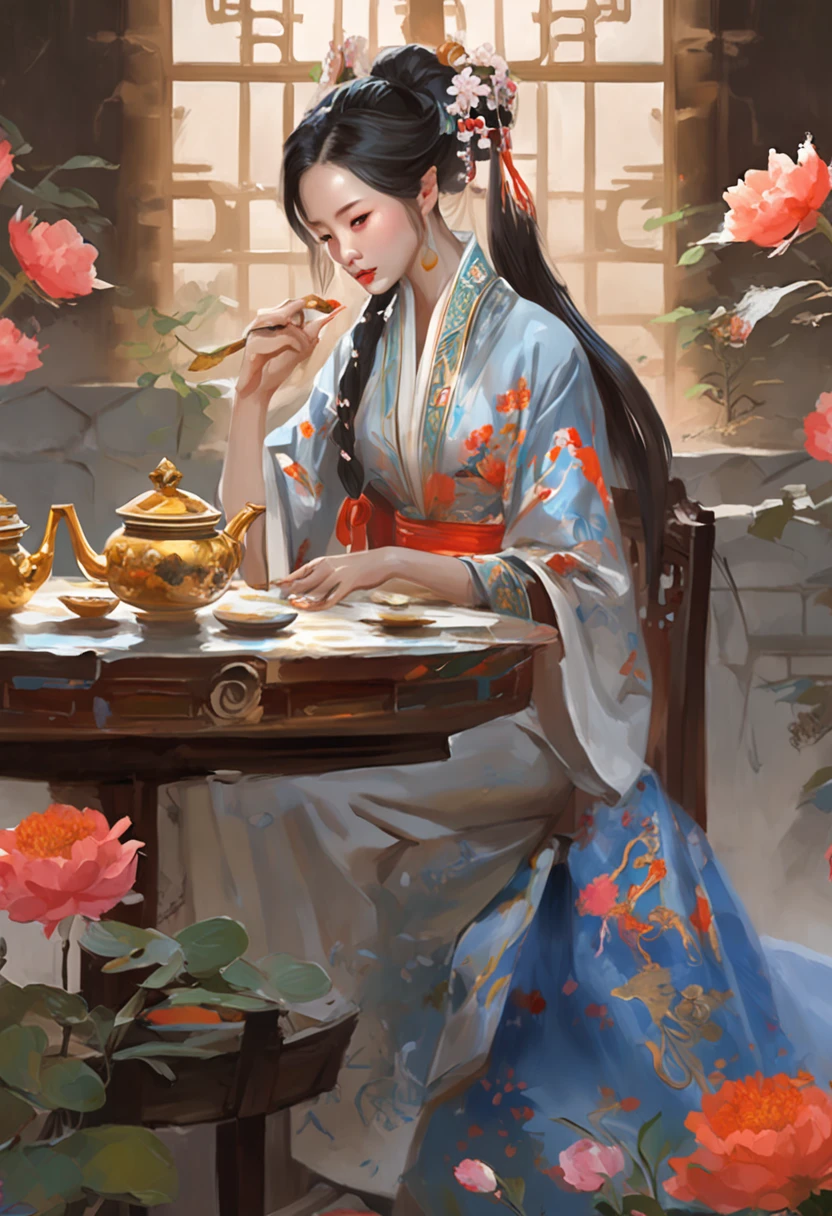 Anime girl sitting on table，There were flowers and a teapot, Palace ， A girl in Hanfu, by Yang J, G Liulian art style, Guviz-style artwork, ((a beautiful fantasy empress)), Onmyoji detailed art, Beautiful character painting, drak, 8K high quality detailed art, Kawasi, heise jinyao，Exquisite and perfect facial features，美丽细致的眼睛，long eyelasher，Delicate eyeliner，almond eyes，Blue eyes，Dark pupils，There are highlights in the eyes，Beautiful lip details，8K high-definition，anatomy correct，Oil painting thick painting style