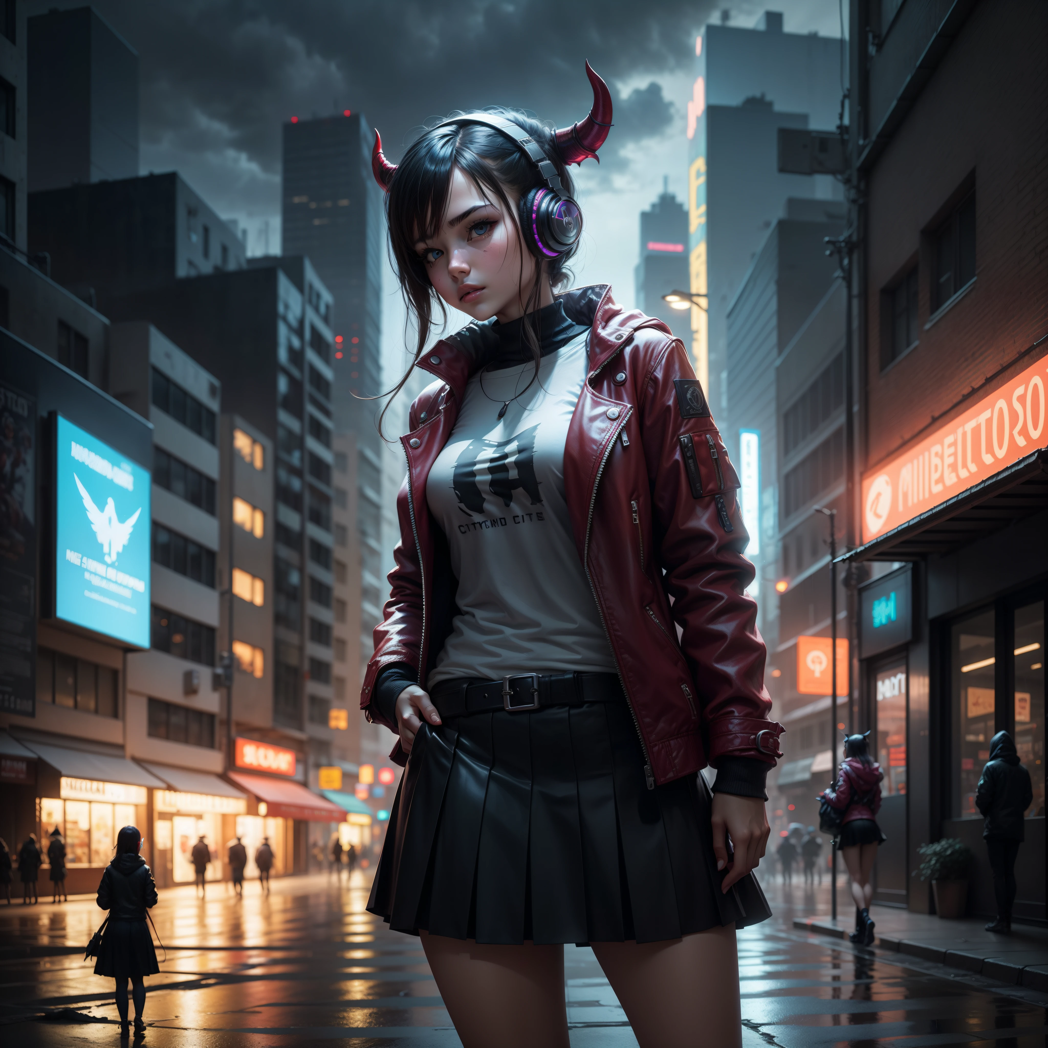 Demon girl, cyberpunk City, girl with headphones, rainy night, skirt, katana