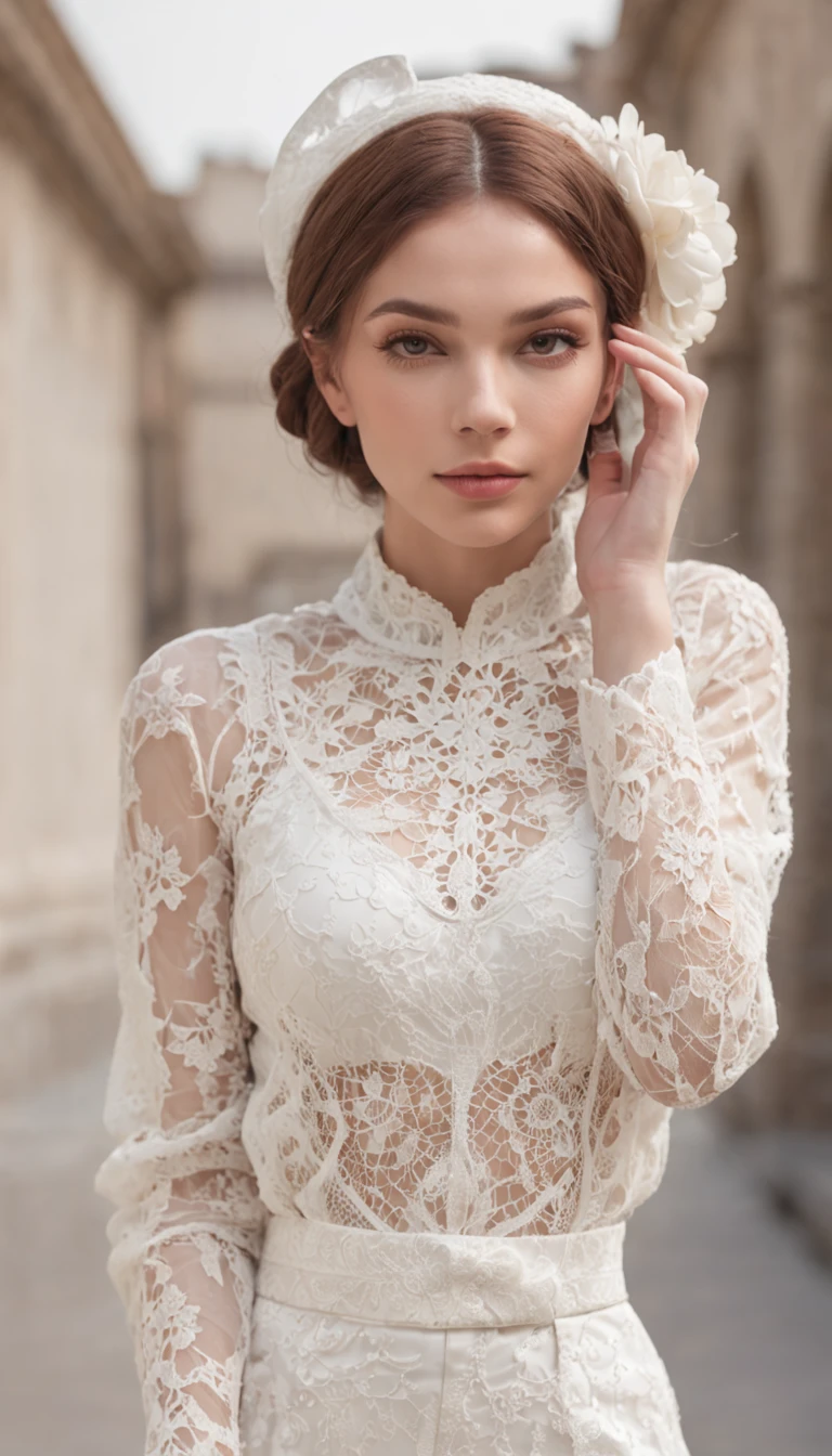 a woman is posing in a white lace outfit and hat, in the style of light black and light beige, street-inspired, duccio, floral, figura serpentinata, sleek, light white and light maroon