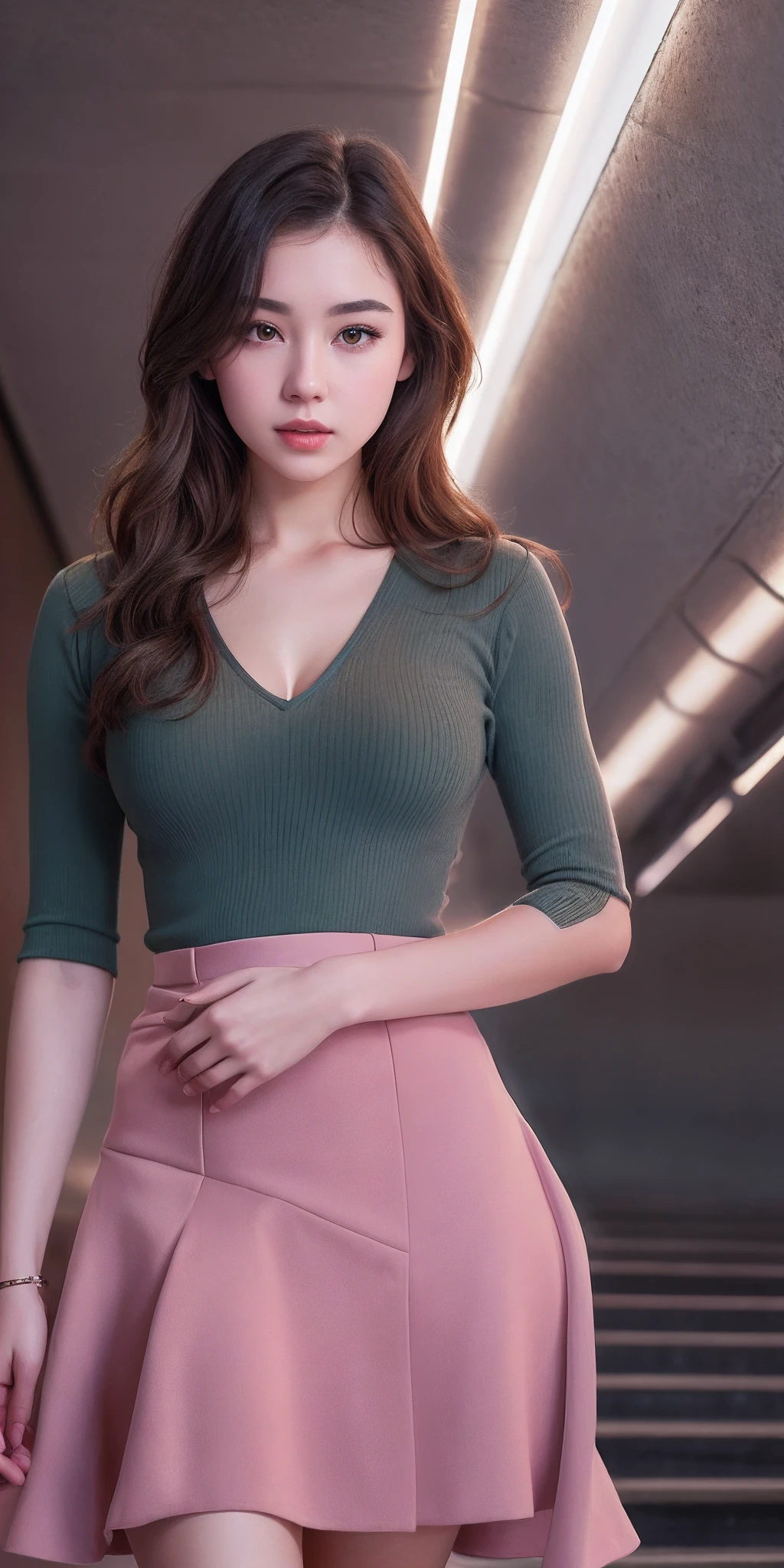 Photo of 21 year old girl, (brown hair with extra long wavy), ((portrait)), (Detailed face: 1.2)), (Detailed facial features)), (Fine skin), pale skin, high detail and deep cleavage, slim body, (cold color), reflection, (masterpiece) (Perfect proportions) (realistic photos) (highest quality), shot with Canon EOS R5, 50mm lens, f/2.8, HDR, (8k) (wallpaper) (movie lighting) (dramatic lighting) (sharp focus) (complex), (mini flared pastel skirt, heels), ((full body shot)), (studio background), ((from below))
