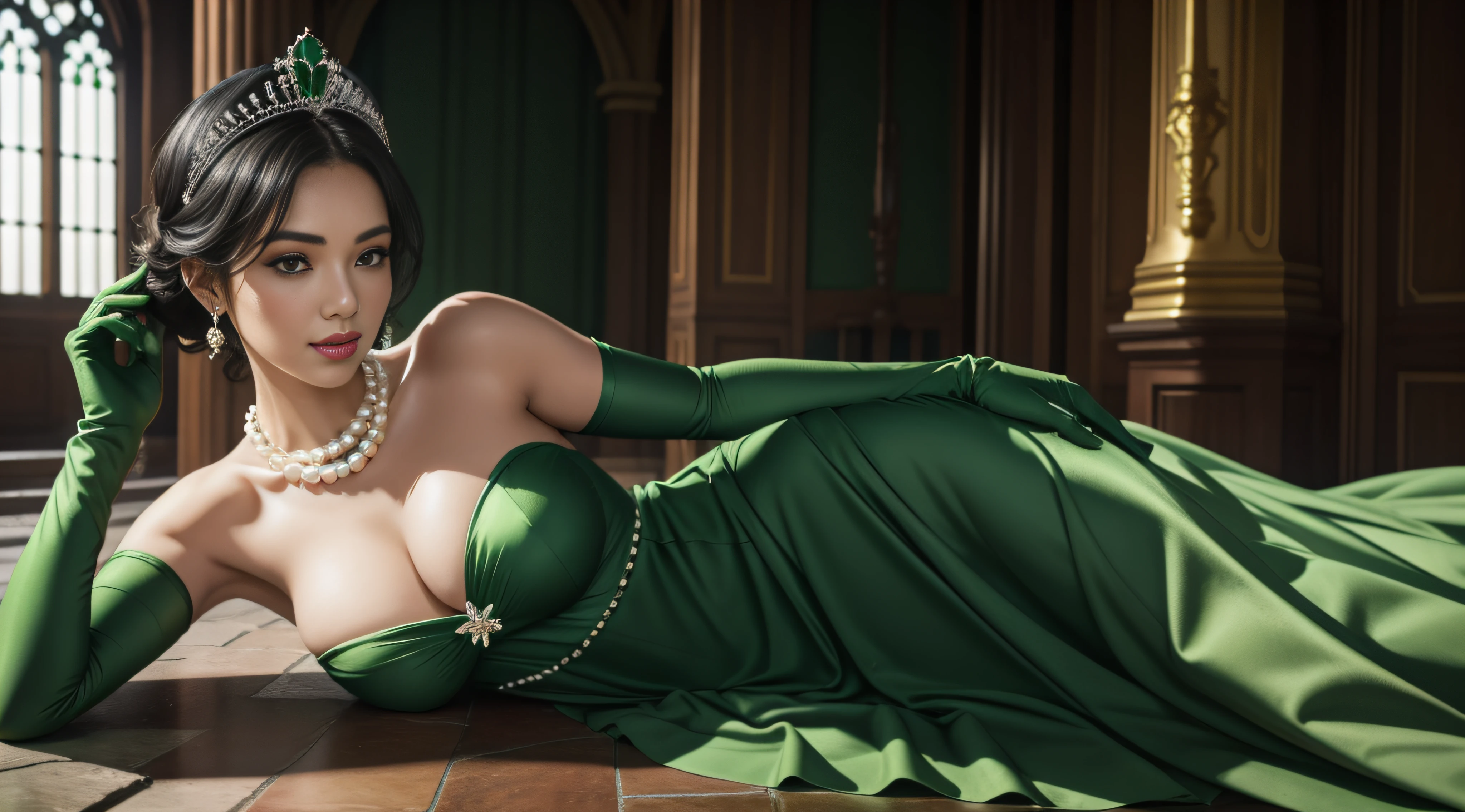Green Dress Flower Cleanser,Sense of atmosphere, best qualtiy,tmasterpiece,1girll,30-years old,Green dress,Daytime Church,full body Esbian, Green gloves,With short black hair,big breasts beautiful,looking at viewert,ssmile,Green Bridal Veil,Green Long Grove,Satin green long gloves, lipsticks, Pearl Necklace、Green gloves, emerald tiara