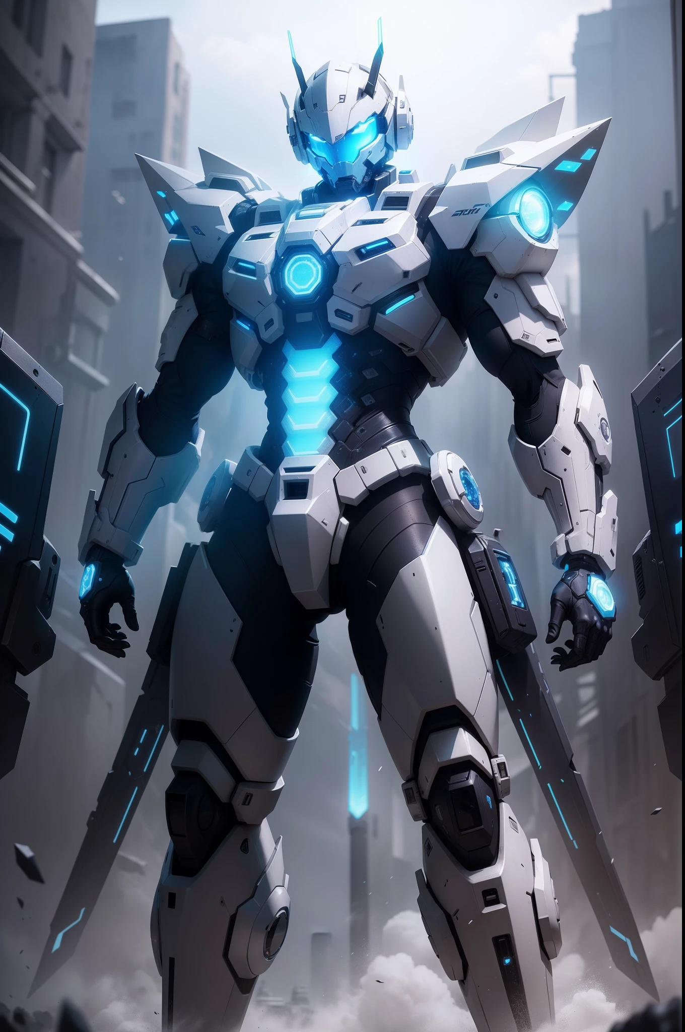 Future tech wind,White mech,The eyes glow a dazzling blue light,Like enforcers,Standing tall,Armed with a mechanical greatsword,Fight black mechs,4K,photorealestic,best qualtiy,neon-light-effect,Hyper-detailing,Mechanical texture,The fluorescence emitted by the mechanical scene looks cooler,full bodyesbian,